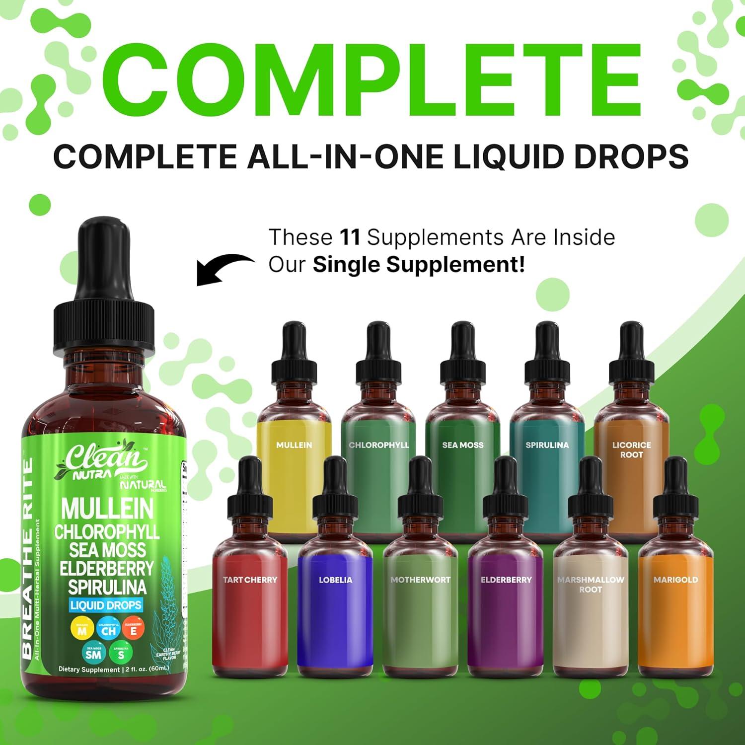 image:imageOrganic Mullein Liquid Drops With Chlorophyll for Lung Detox Plus Irish Sea Moss Spirulina Licorice Tart Cherry Lobelia Motherwort And Elderberry For Men Women Health Supplement Vitamin 2