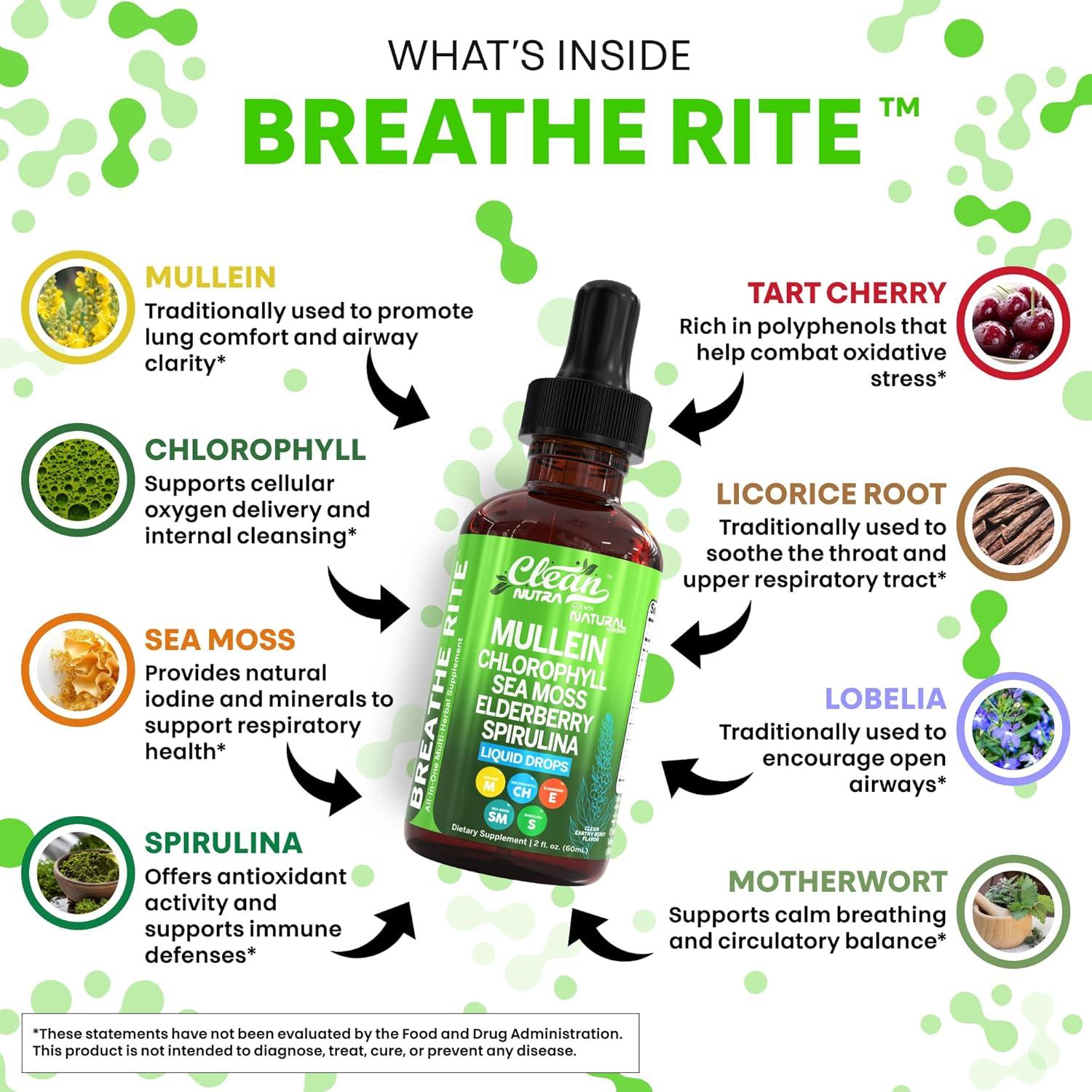 image:imageOrganic Mullein Liquid Drops With Chlorophyll for Lung Detox Plus Irish Sea Moss Spirulina Licorice Tart Cherry Lobelia Motherwort And Elderberry For Men Women Health Supplement Vitamin 2