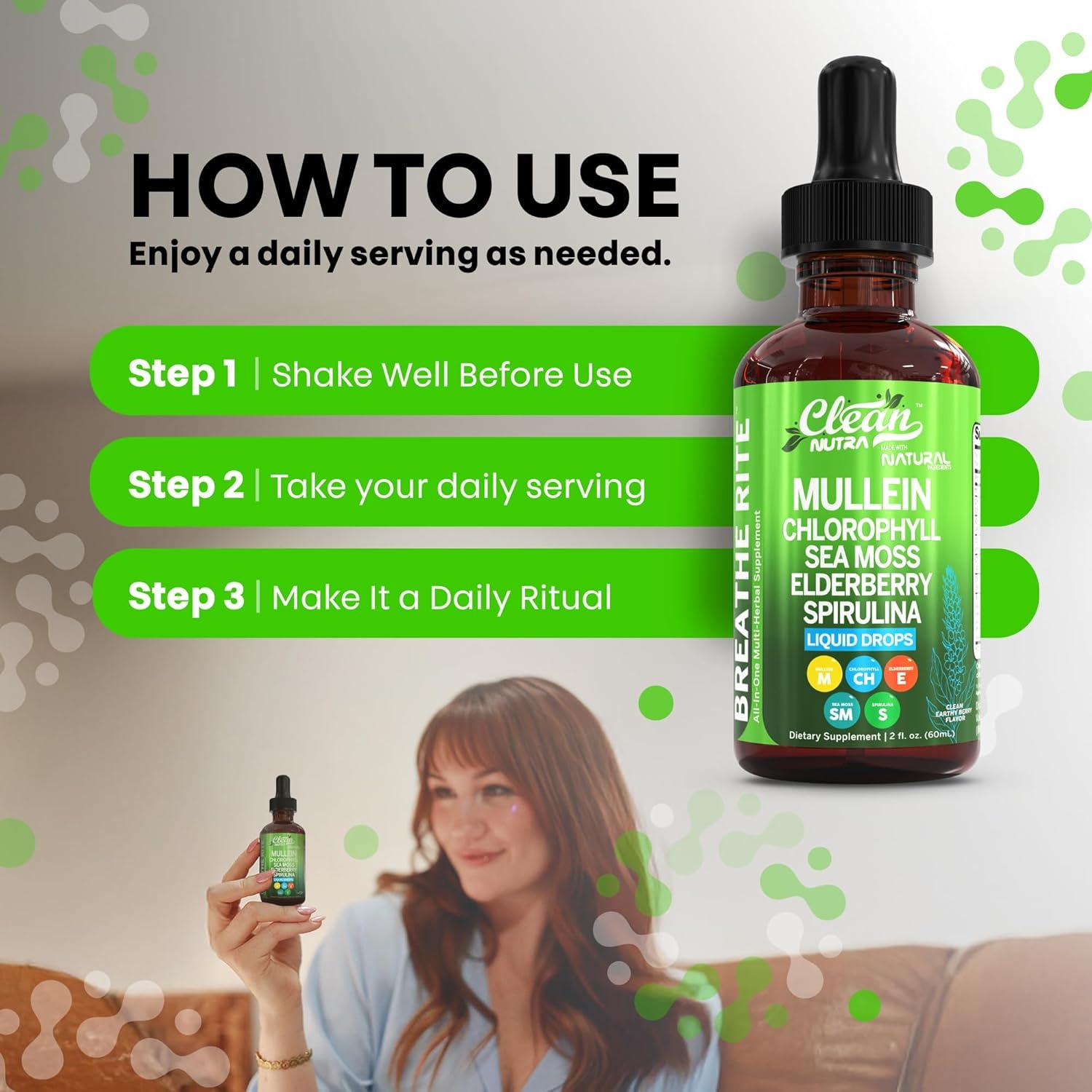 image:imageOrganic Mullein Liquid Drops With Chlorophyll for Lung Detox Plus Irish Sea Moss Spirulina Licorice Tart Cherry Lobelia Motherwort And Elderberry For Men Women Health Supplement Vitamin 2