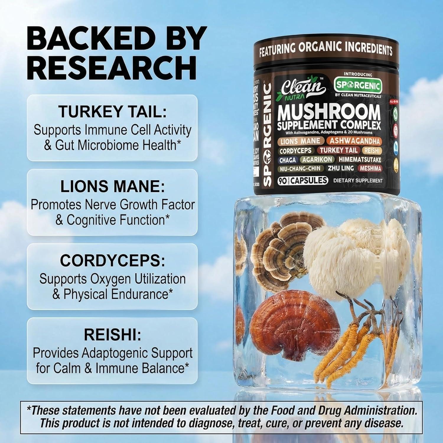 image:imageOrganic Mushroom Supplement Ashwagandha Lions Mane Cordyceps Turkey Tail Reishi Mushrooms Maca Root Black Hoof Chaga Tremella Agarikon Shiitake Oyster Powder Capsules Sporgenic By Clean Nutra 11