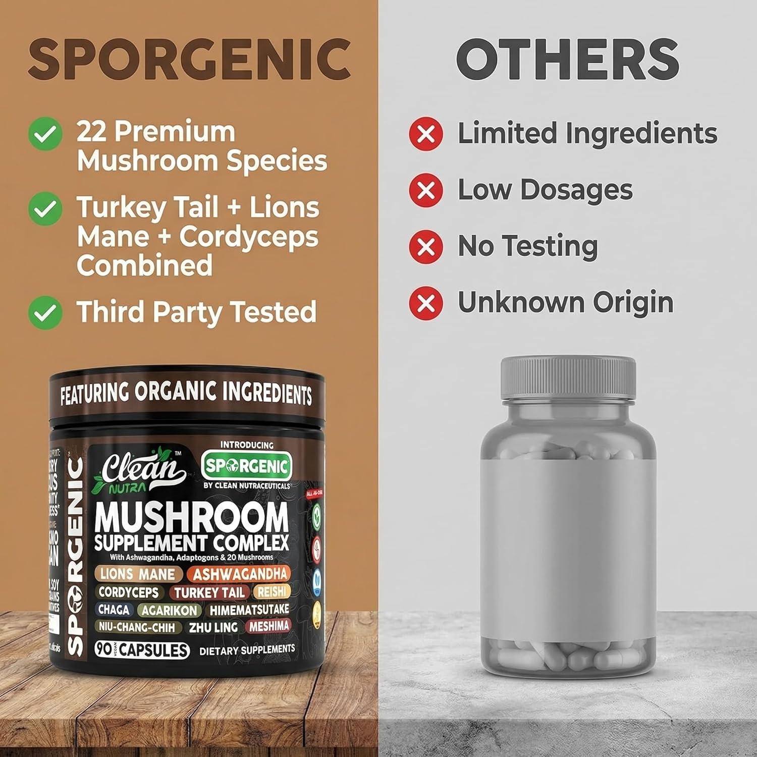 image:imageOrganic Mushroom Supplement Ashwagandha Lions Mane Cordyceps Turkey Tail Reishi Mushrooms Maca Root Black Hoof Chaga Tremella Agarikon Shiitake Oyster Powder Capsules Sporgenic By Clean Nutra 11