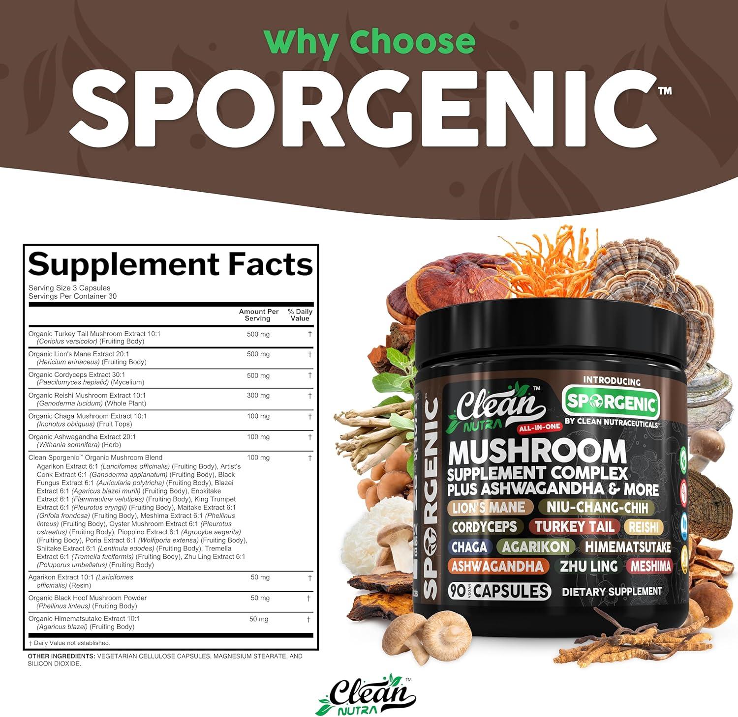 image:imageOrganic Mushroom Supplement Ashwagandha Lions Mane Cordyceps Turkey Tail Reishi Mushrooms Maca Root Black Hoof Chaga Tremella Agarikon Shiitake Oyster Powder Capsules Sporgenic By Clean Nutra 11