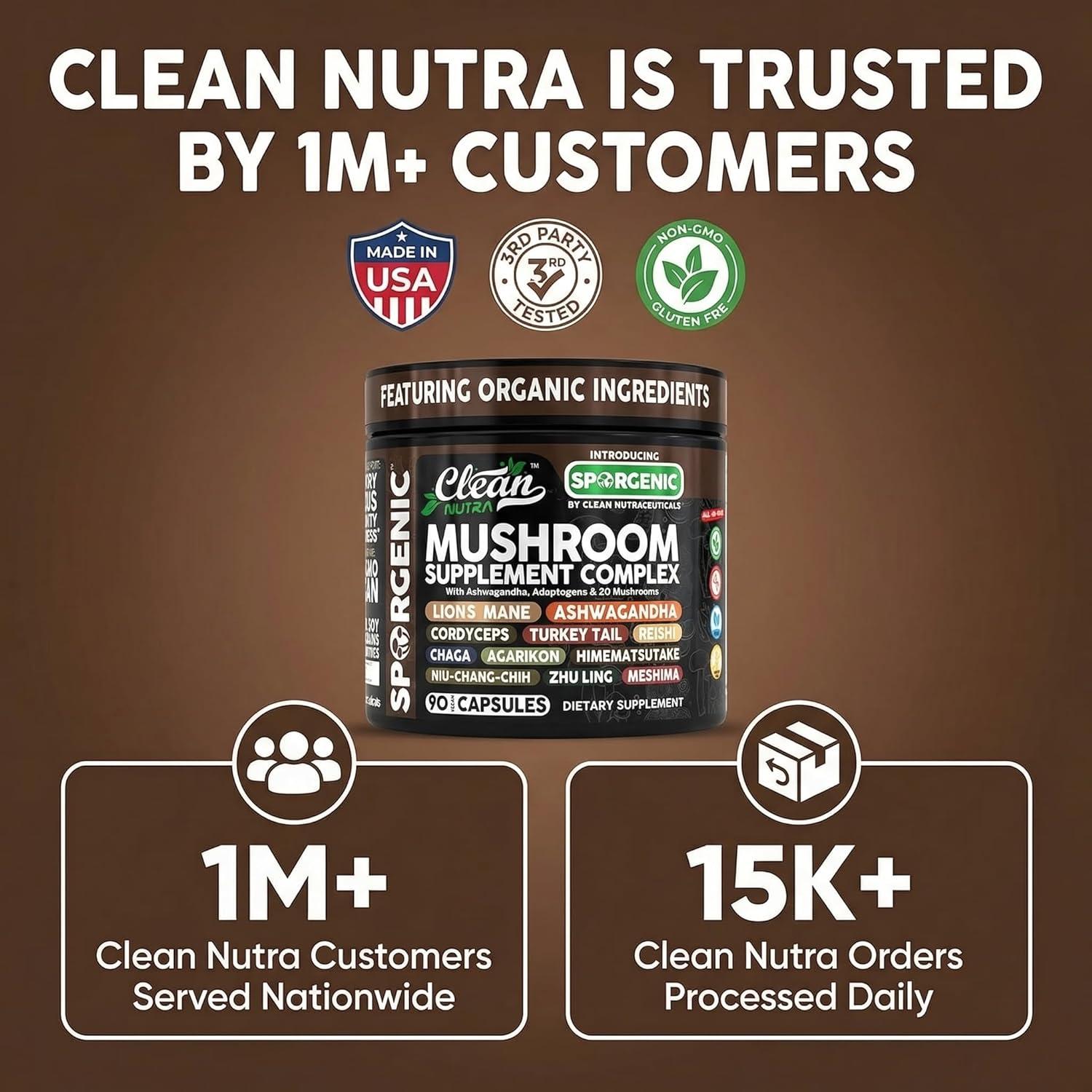 image:imageOrganic Mushroom Supplement Ashwagandha Lions Mane Cordyceps Turkey Tail Reishi Mushrooms Maca Root Black Hoof Chaga Tremella Agarikon Shiitake Oyster Powder Capsules Sporgenic By Clean Nutra 11