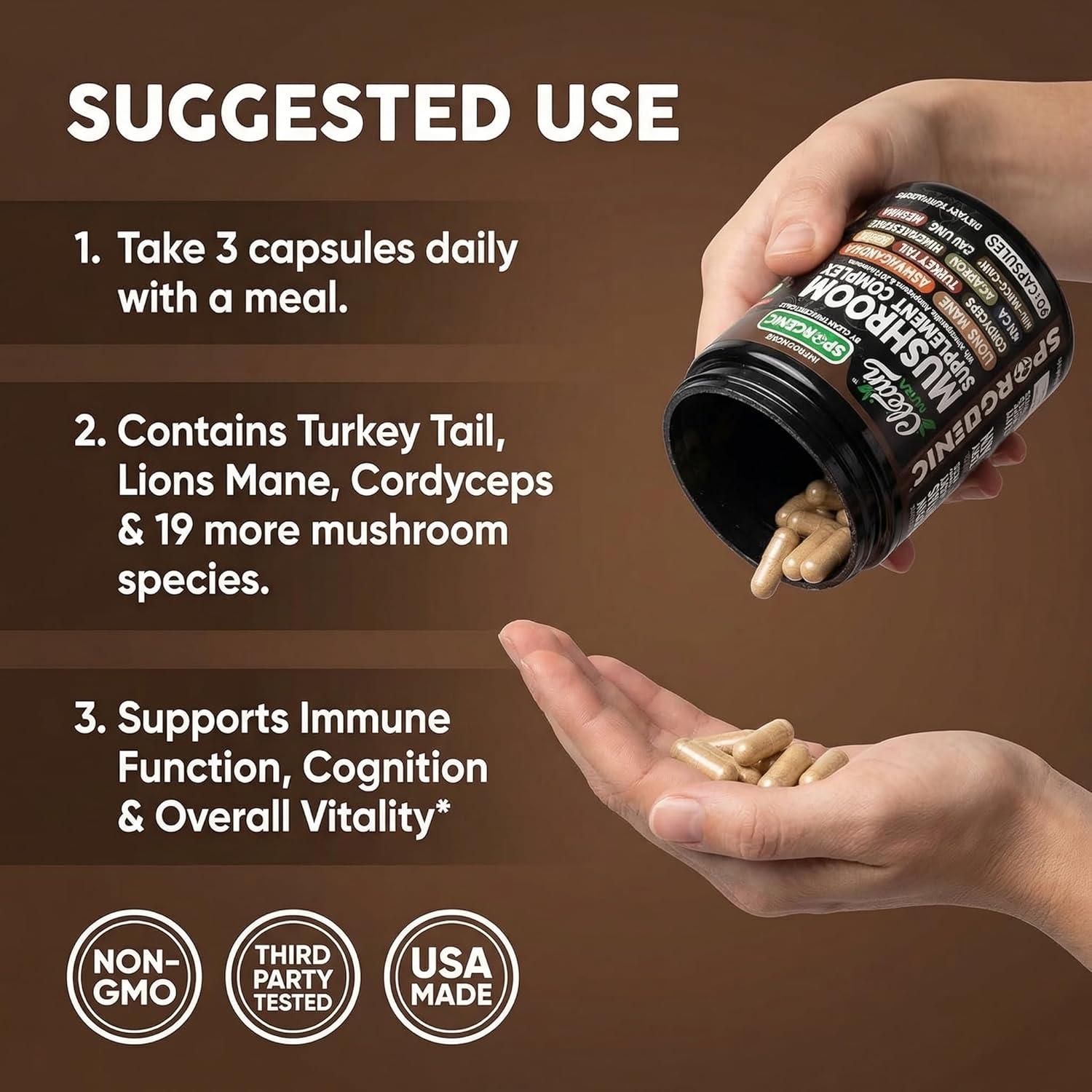 image:imageOrganic Mushroom Supplement Ashwagandha Lions Mane Cordyceps Turkey Tail Reishi Mushrooms Maca Root Black Hoof Chaga Tremella Agarikon Shiitake Oyster Powder Capsules Sporgenic By Clean Nutra 11