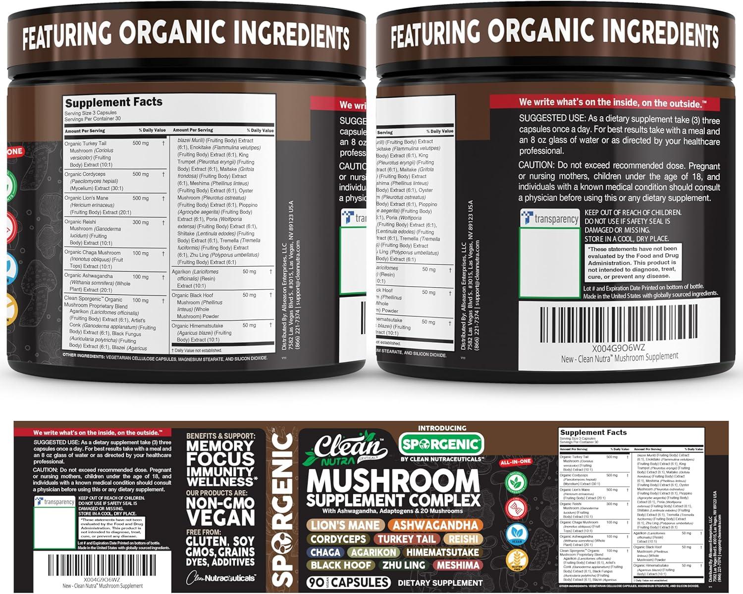 image:imageOrganic Mushroom Supplement Ashwagandha Lions Mane Cordyceps Turkey Tail Reishi Mushrooms Maca Root Black Hoof Chaga Tremella Agarikon Shiitake Oyster Powder Capsules Sporgenic By Clean Nutra 11
