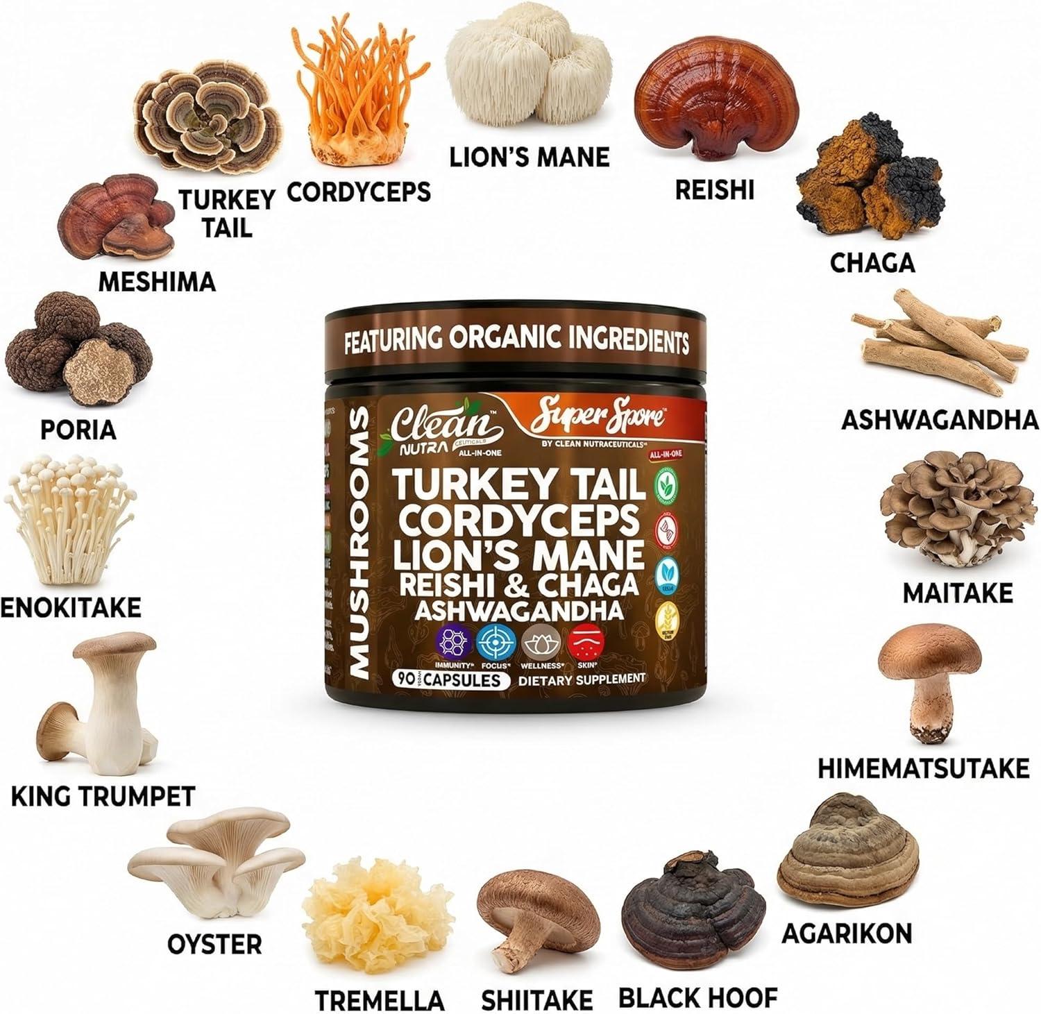 image:imageOrganic Turkey Tail Mushroom Supplement Capsules Lions Mane Cordyceps Reishi Chaga Ashwagandha Stress Relief Nootropic Immunity Adaptogens Mood Support 90 Vegan Capsules By Clean Nutra