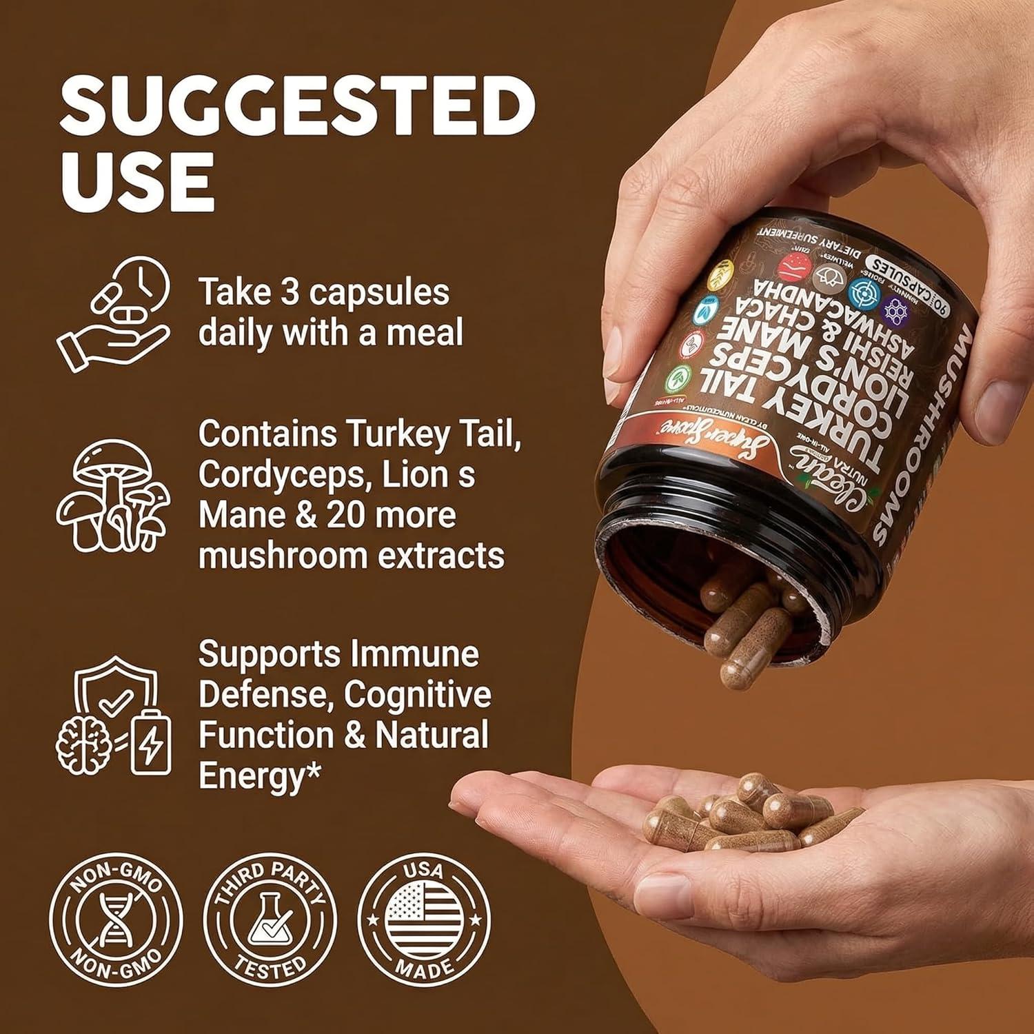 image:imageOrganic Turkey Tail Mushroom Supplement Capsules Lions Mane Cordyceps Reishi Chaga Ashwagandha Stress Relief Nootropic Immunity Adaptogens Mood Support 90 Vegan Capsules By Clean Nutra