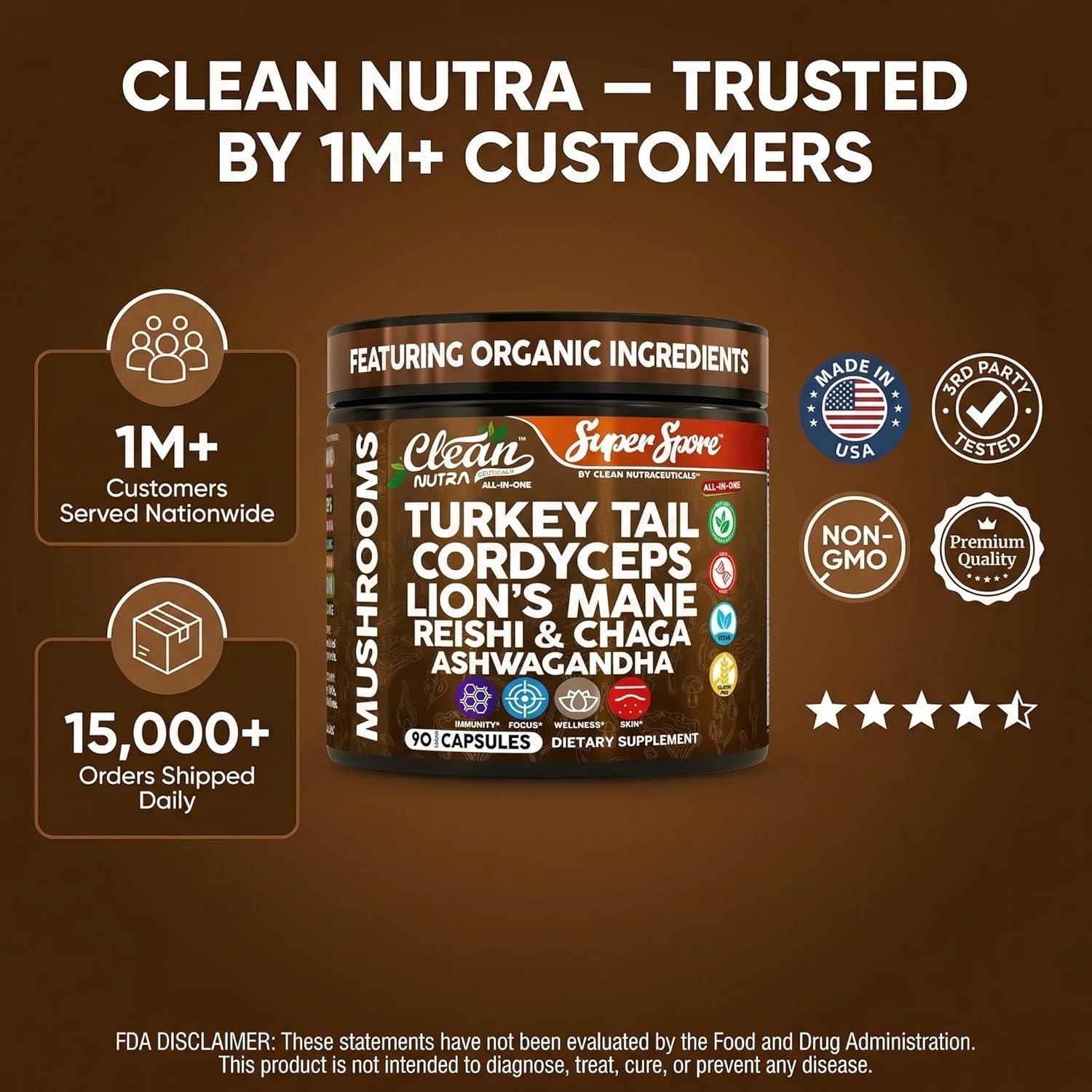 image:imageOrganic Turkey Tail Mushroom Supplement Capsules Lions Mane Cordyceps Reishi Chaga Ashwagandha Stress Relief Nootropic Immunity Adaptogens Mood Support 90 Vegan Capsules By Clean Nutra