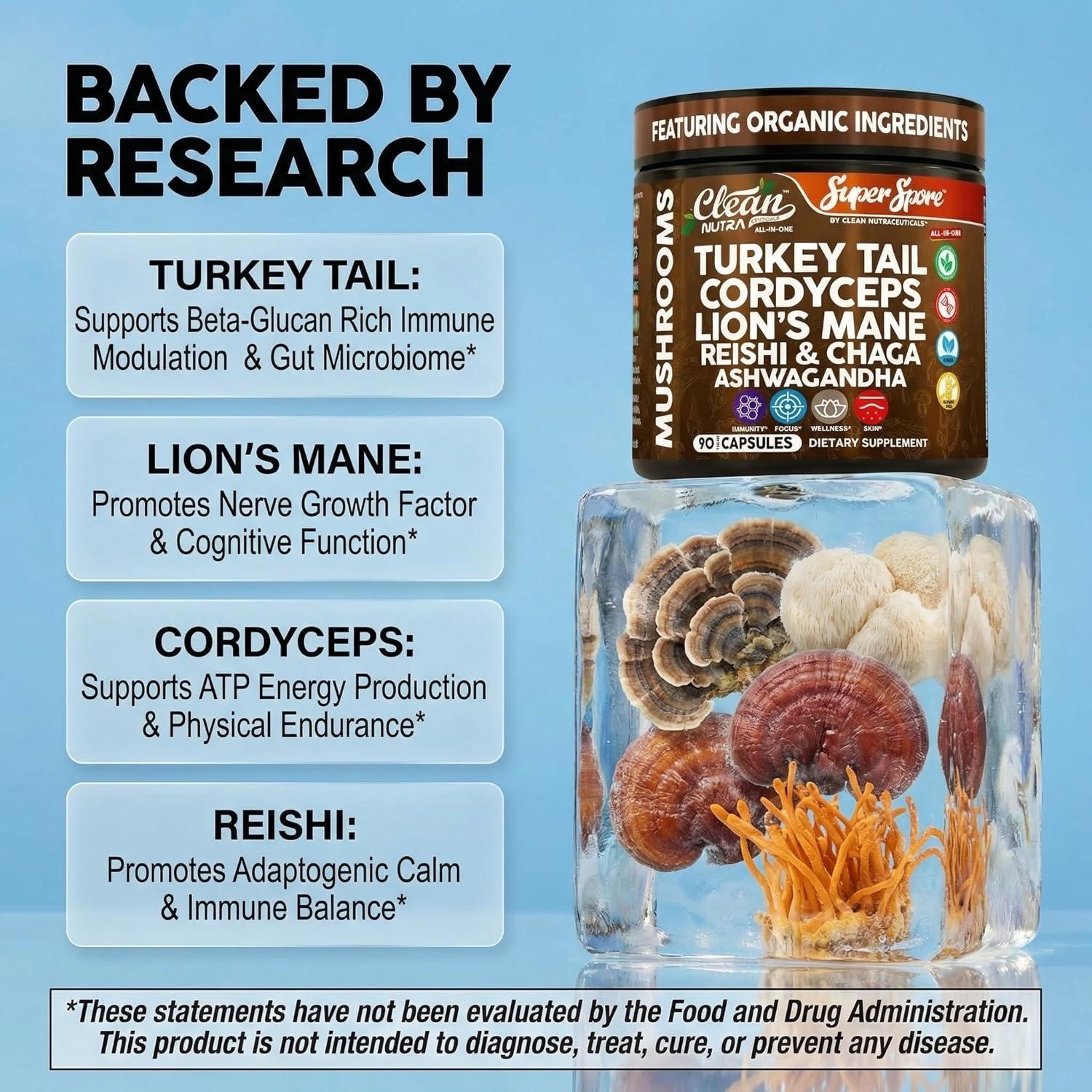 image:imageOrganic Turkey Tail Mushroom Supplement Capsules Lions Mane Cordyceps Reishi Chaga Ashwagandha Stress Relief Nootropic Immunity Adaptogens Mood Support 90 Vegan Capsules By Clean Nutra