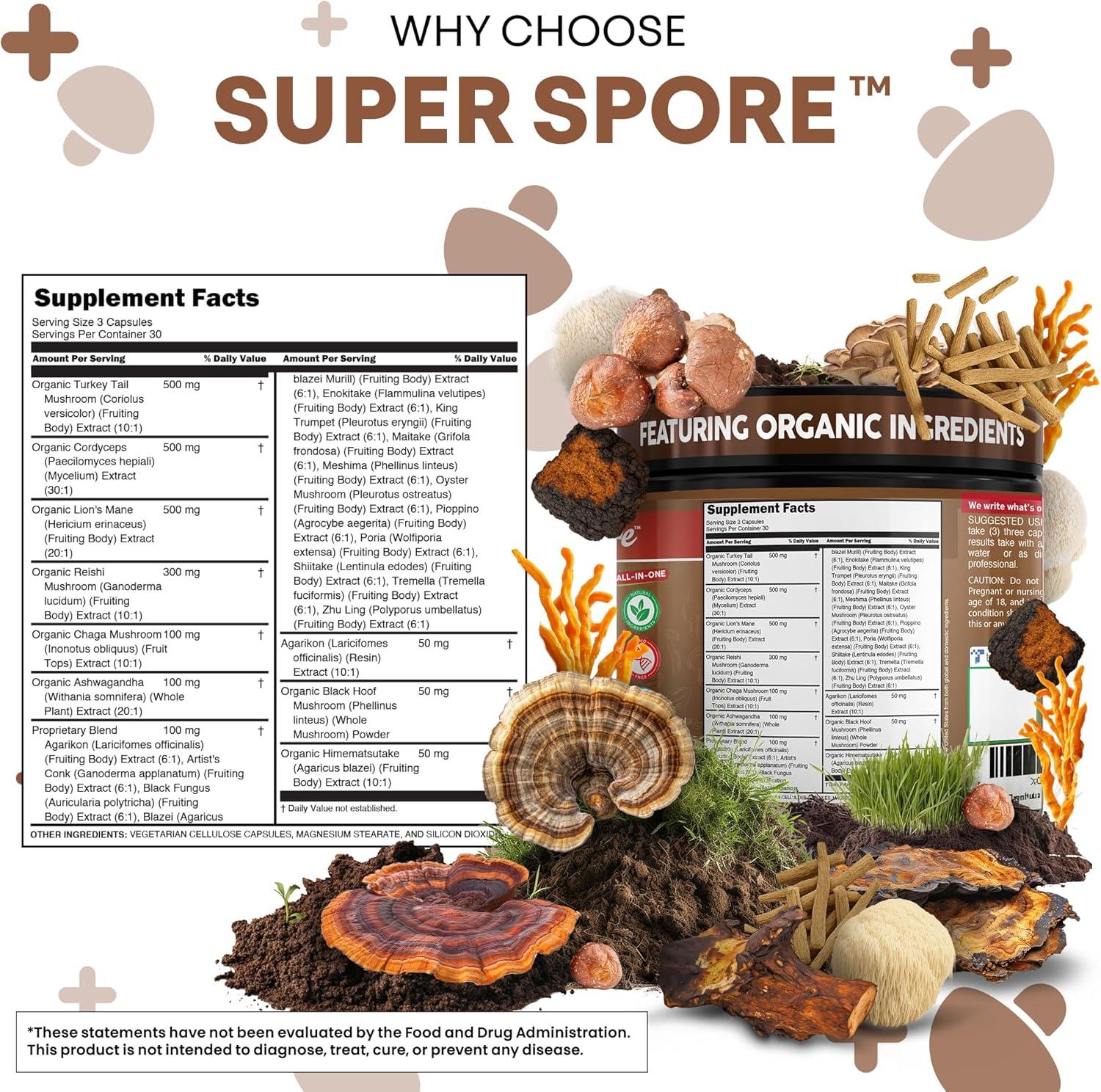 image:imageOrganic Turkey Tail Mushroom Supplement Capsules Lions Mane Cordyceps Reishi Chaga Ashwagandha Stress Relief Nootropic Immunity Adaptogens Mood Support 90 Vegan Capsules By Clean Nutra