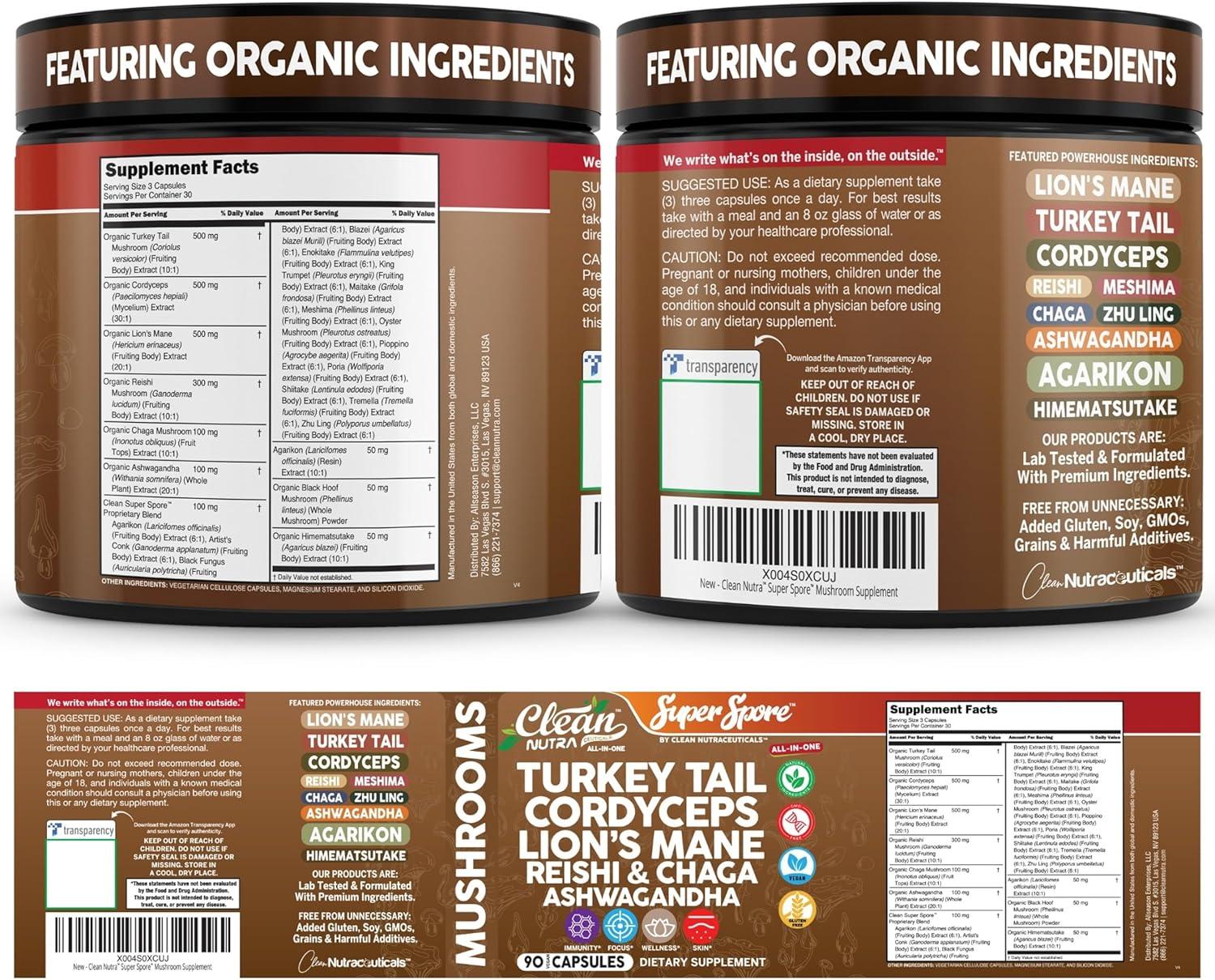 image:imageOrganic Turkey Tail Mushroom Supplement Capsules Lions Mane Cordyceps Reishi Chaga Ashwagandha Stress Relief Nootropic Immunity Adaptogens Mood Support 90 Vegan Capsules By Clean Nutra