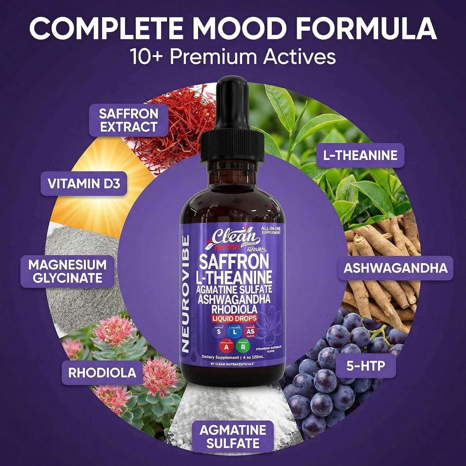 image:imageSaffron Supplements Liquid Drops LTheanine Agmatine Sulfate Ashwagandha Magnesium Glycinate B6 Magnesium Stress Relief Mood Support 5HTP GABA Supplement Vitamin D 4oz by Clean Nutra