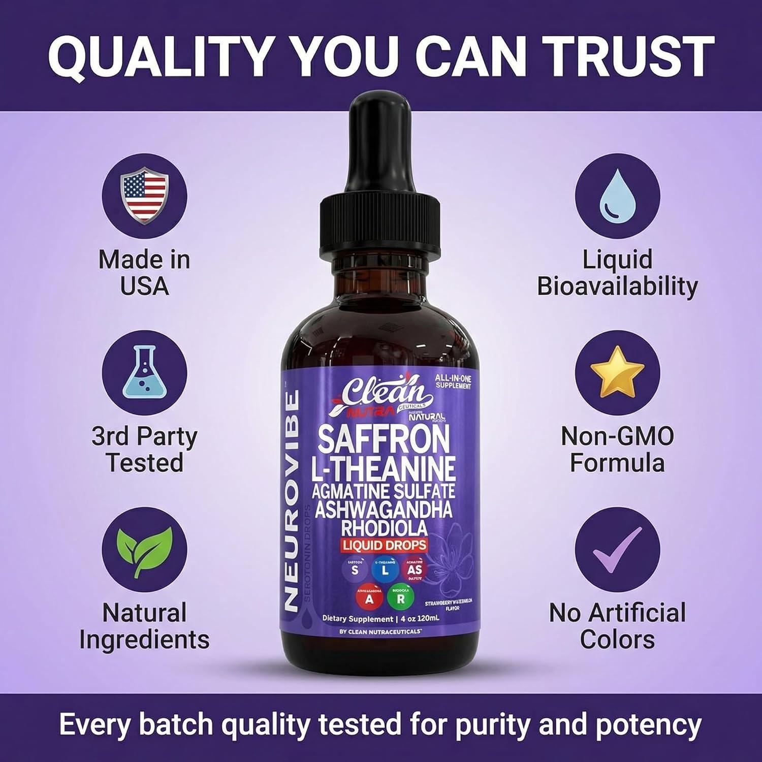 image:imageSaffron Supplements Liquid Drops LTheanine Agmatine Sulfate Ashwagandha Magnesium Glycinate B6 Magnesium Stress Relief Mood Support 5HTP GABA Supplement Vitamin D 4oz by Clean Nutra