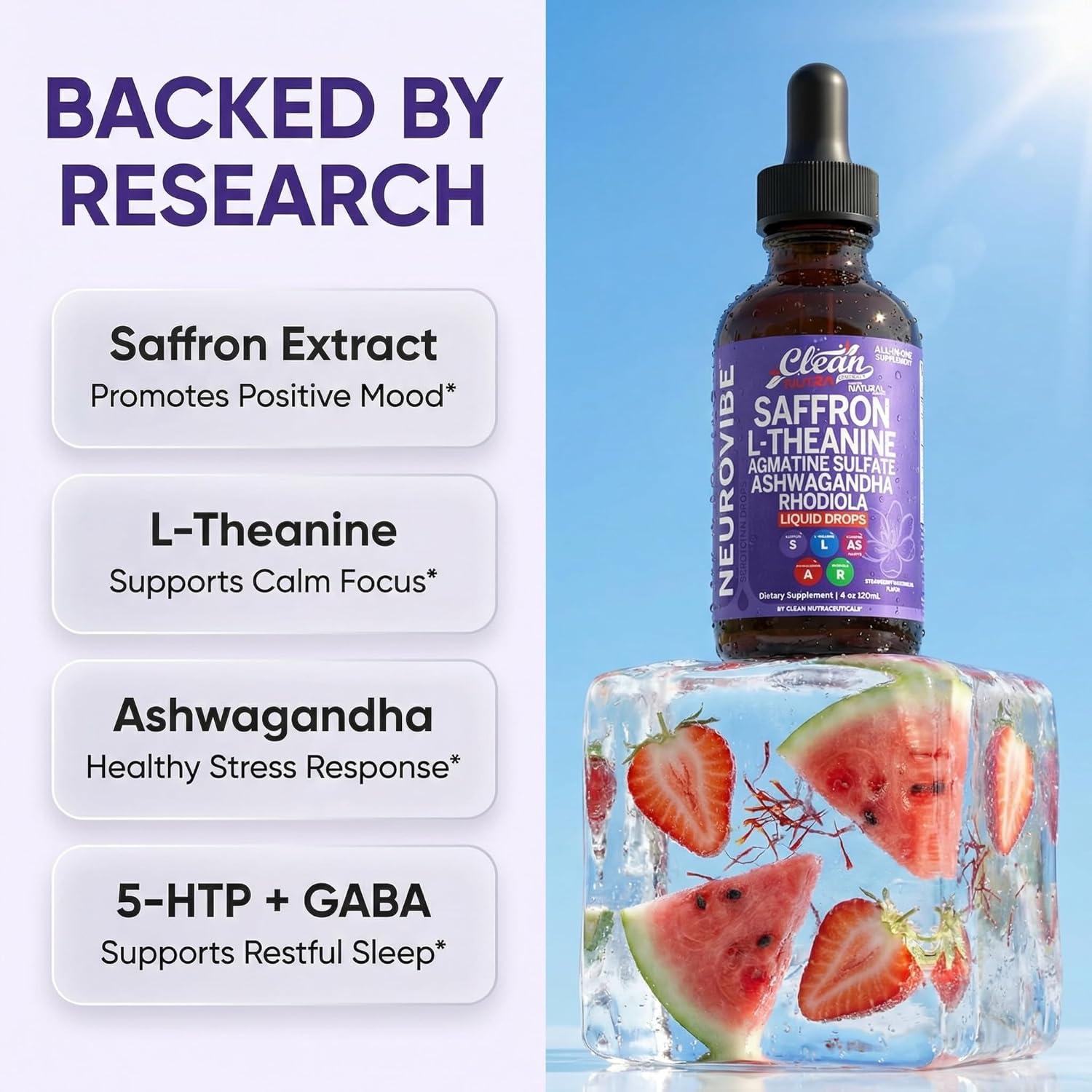 image:imageSaffron Supplements Liquid Drops LTheanine Agmatine Sulfate Ashwagandha Magnesium Glycinate B6 Magnesium Stress Relief Mood Support 5HTP GABA Supplement Vitamin D 4oz by Clean Nutra