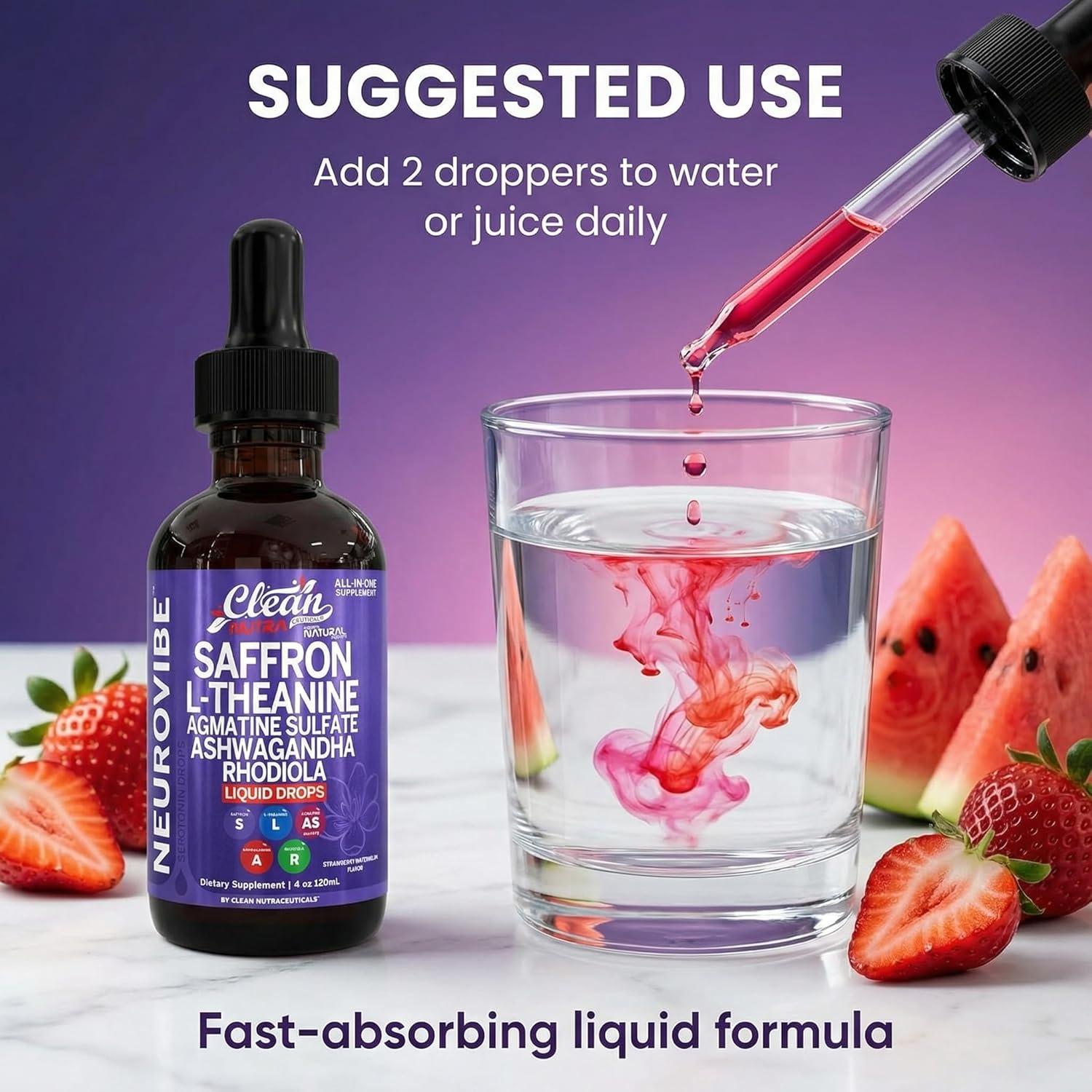 image:imageSaffron Supplements Liquid Drops LTheanine Agmatine Sulfate Ashwagandha Magnesium Glycinate B6 Magnesium Stress Relief Mood Support 5HTP GABA Supplement Vitamin D 4oz by Clean Nutra