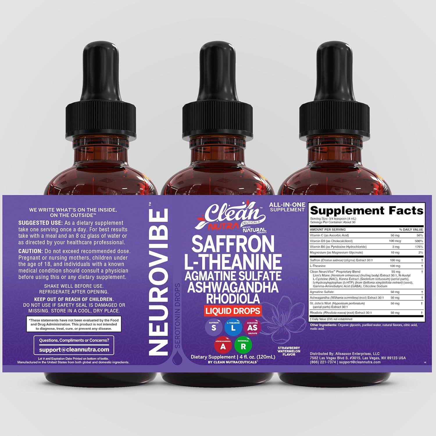 image:imageSaffron Supplements Liquid Drops LTheanine Agmatine Sulfate Ashwagandha Magnesium Glycinate B6 Magnesium Stress Relief Mood Support 5HTP GABA Supplement Vitamin D 4oz by Clean Nutra