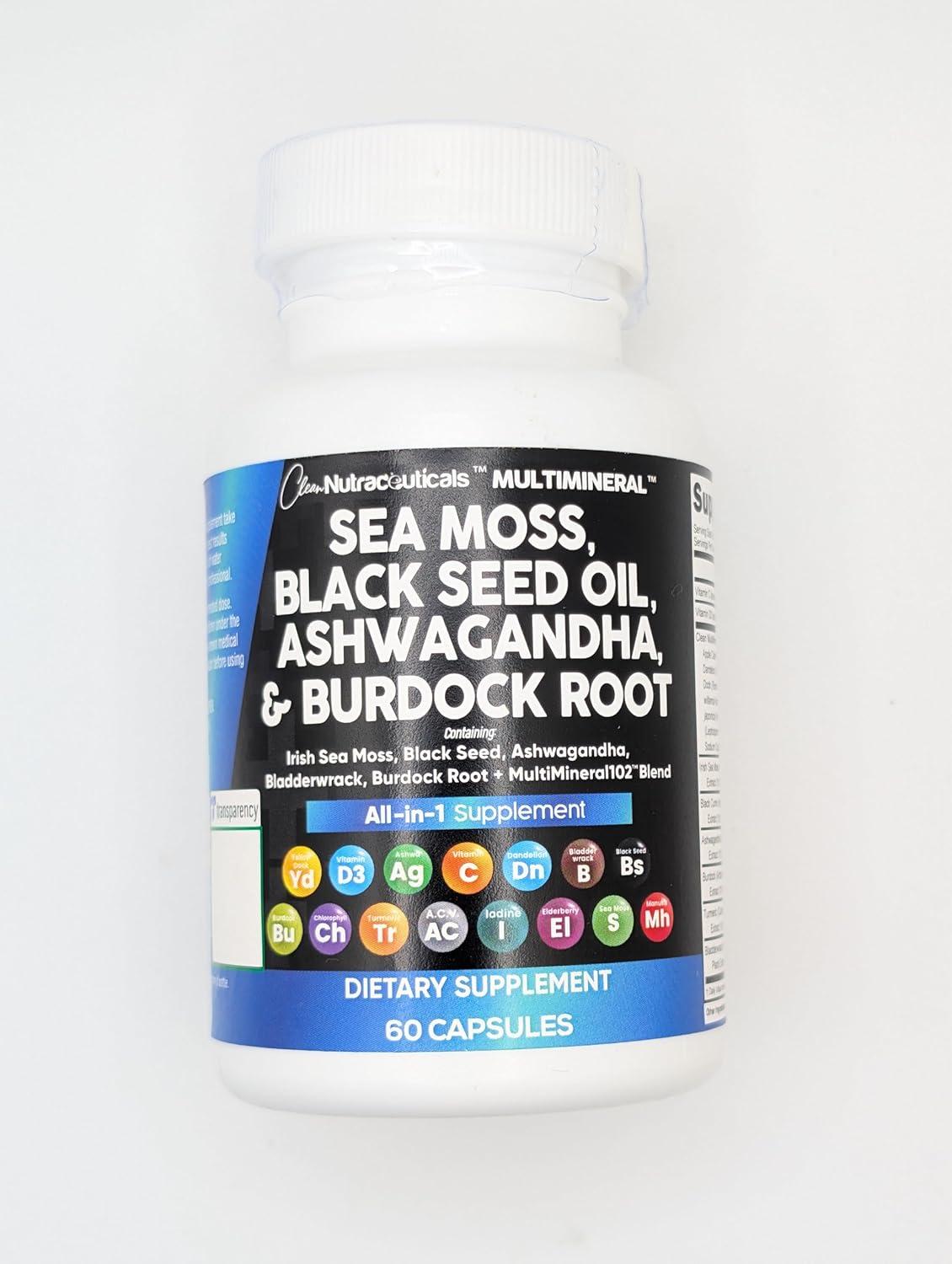 image:imageSea Moss Black Seed Oil Ashwagandha Turmeric Bladderwrack Burdock amp Vitamin C Vitamin D3 with Elderberry Manuka Dandelion Yellow Dock Iodine Chlorophyll ACV 5Pack