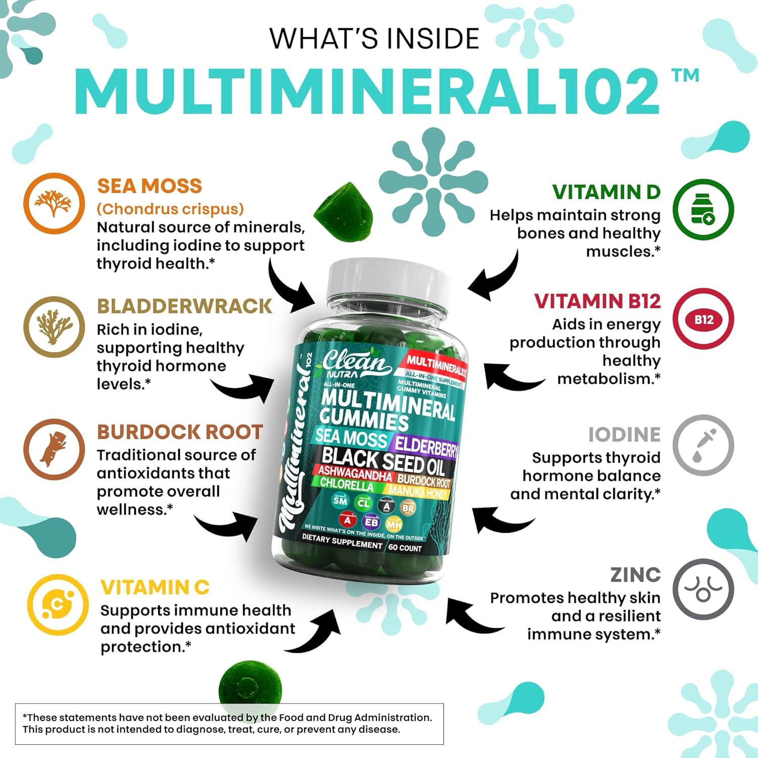 image:imageSea Moss Black Seed Oil Gummies with Ashwagandha Elderberry Burdock Root Chlorella Manuka Honey Vegan Gummy Vitamins for Adults Kids Men WomenMultimineral Green Apple Flavor by Clean Nutra 2Pack