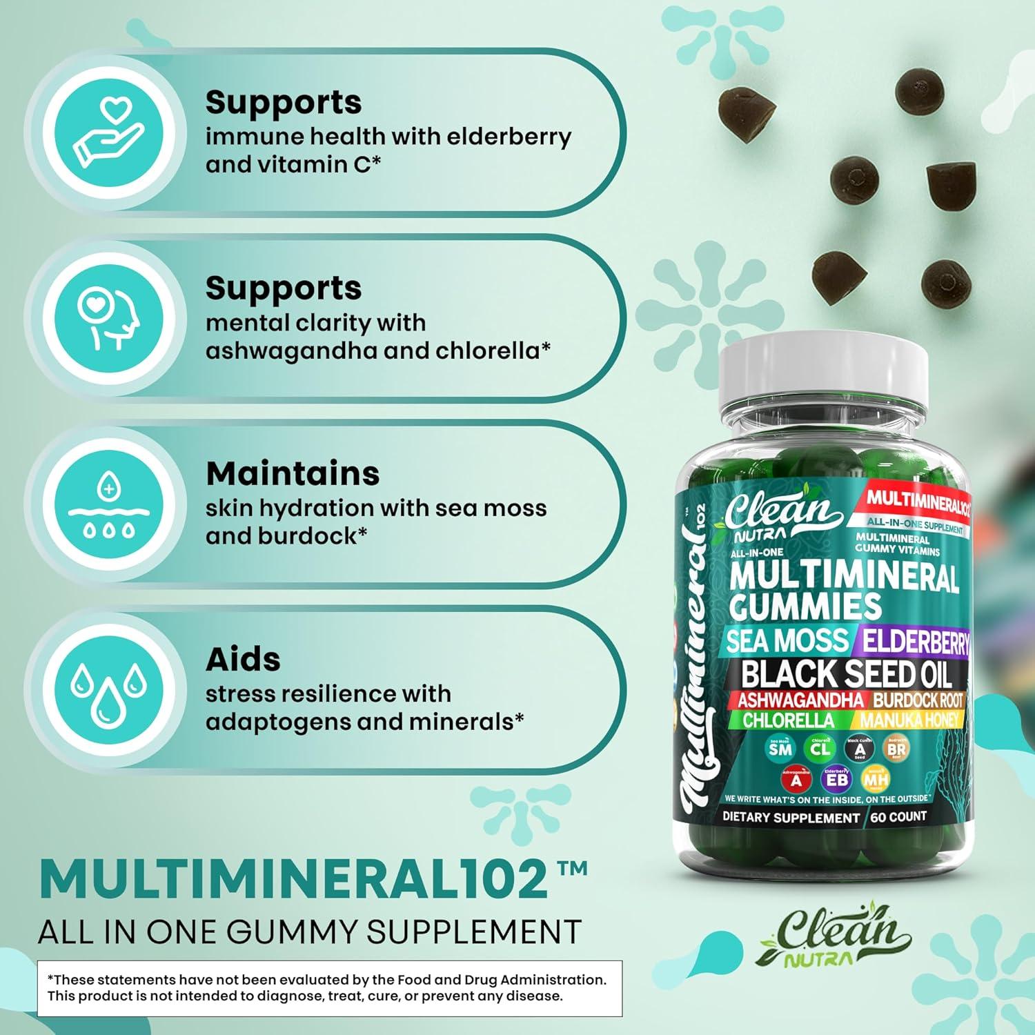 image:imageSea Moss Black Seed Oil Gummies with Ashwagandha Elderberry Burdock Root Chlorella Manuka Honey Vegan Gummy Vitamins for Adults Kids Men WomenMultimineral Green Apple Flavor by Clean Nutra 2Pack