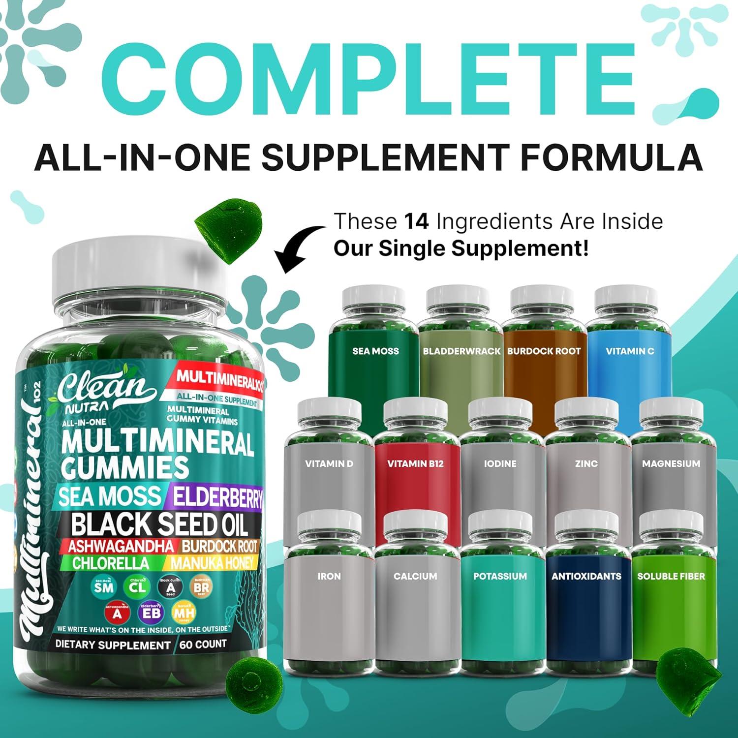 image:imageSea Moss Black Seed Oil Gummies with Ashwagandha Elderberry Burdock Root Chlorella Manuka Honey Vegan Gummy Vitamins for Adults Kids Men WomenMultimineral Green Apple Flavor by Clean Nutra 2Pack