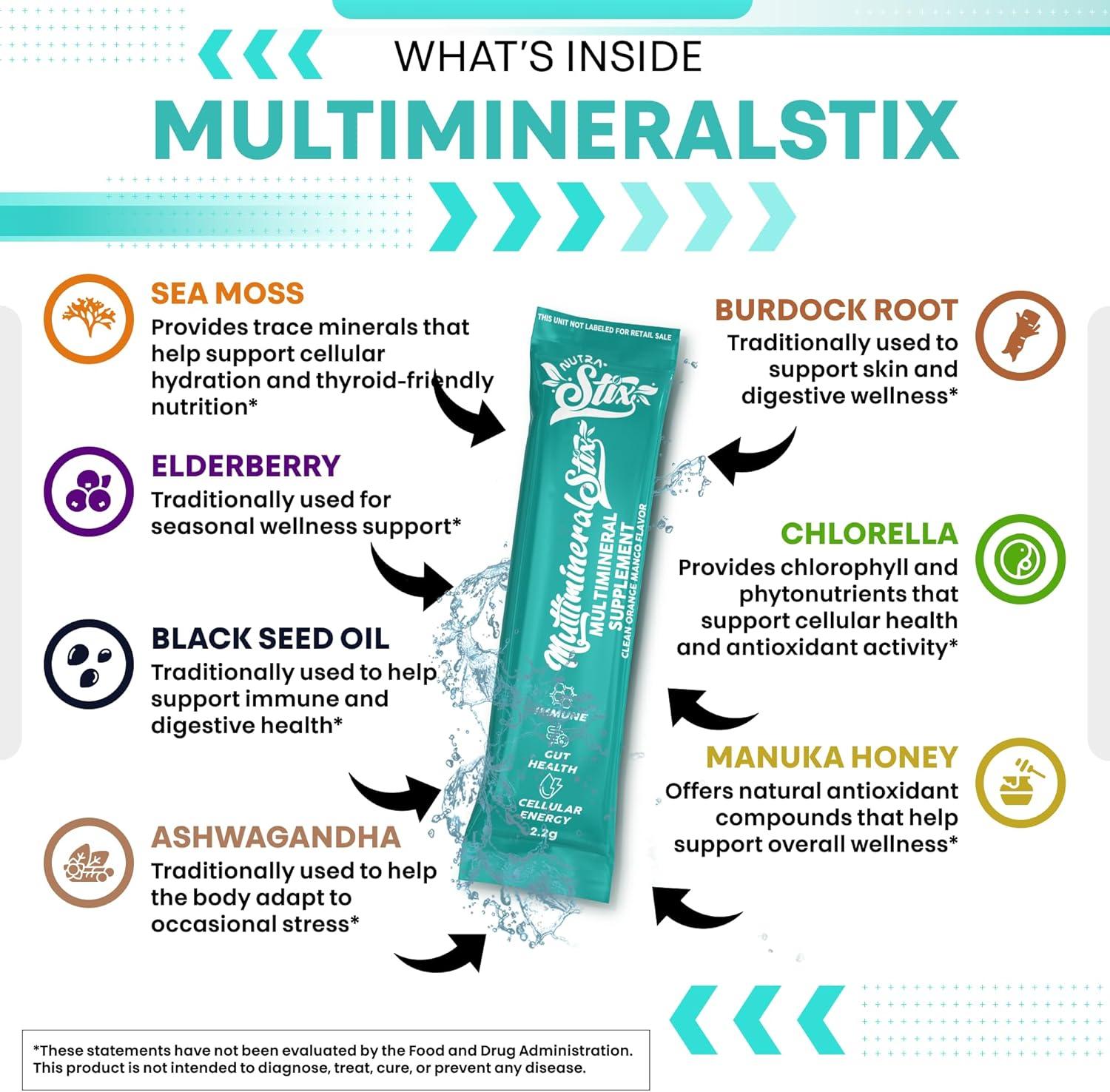 image:imageSea Moss Powder Elderberry Ashwagandha Chlorella Manuka Honey VitaminD3 Vitamin C Zinc Spirulina Iodine Greens Detox Immune Support Sugar Free Hydration Powder Drink Mix 20 Sticks1
