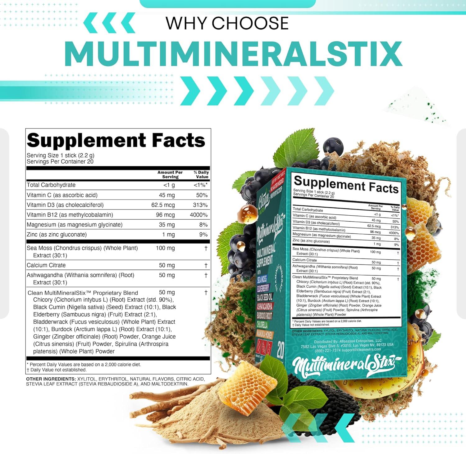 image:imageSea Moss Powder Elderberry Ashwagandha Chlorella Manuka Honey VitaminD3 Vitamin C Zinc Spirulina Iodine Greens Detox Immune Support Sugar Free Hydration Powder Drink Mix 20 Sticks1
