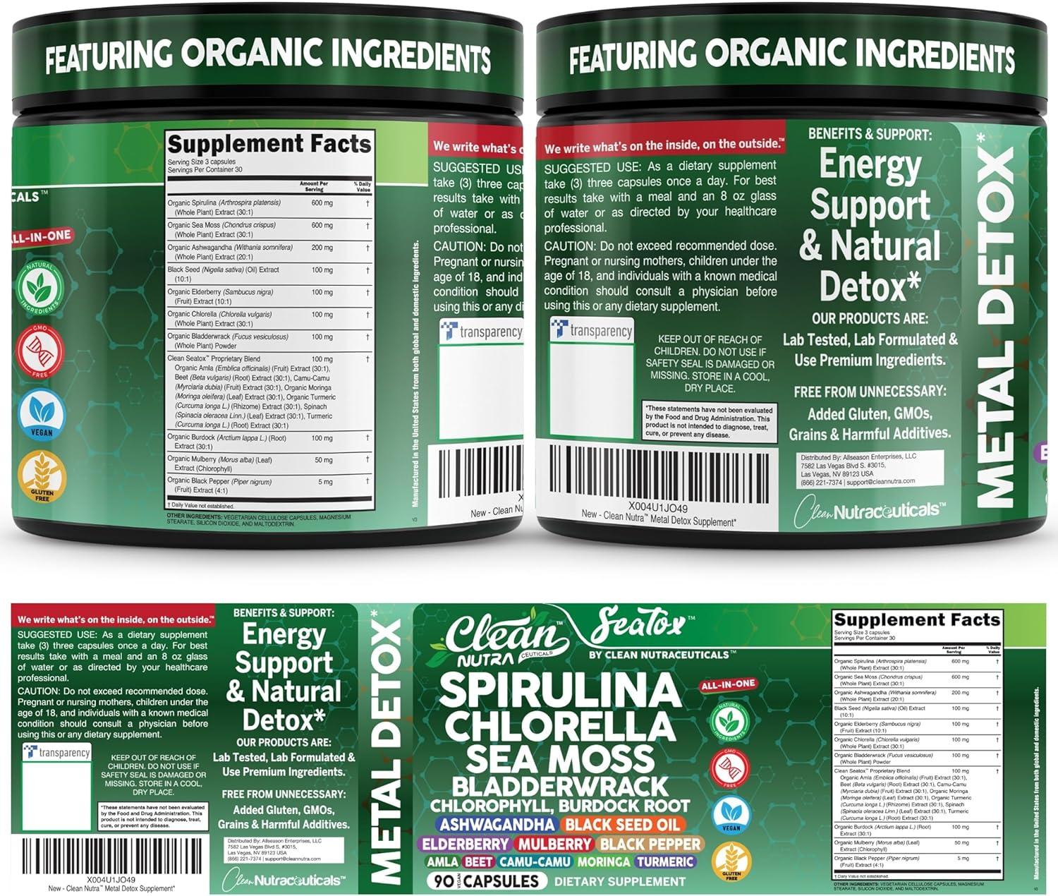 image:imageSea Tox Organic Spirulina and Chlorella Capsules Natural Cleansing amp Nourishment Sea Moss Bladderwrack Chlorophyll Burdock Root Ashwagandha Turmeric 90 Vegan Black Seed Oil Capsules By Clean Nutra