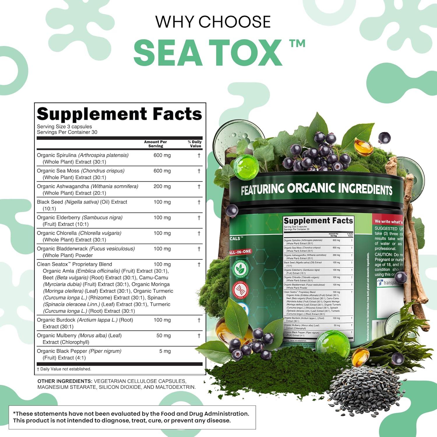 image:imageSea Tox Organic Spirulina and Chlorella Capsules Natural Cleansing amp Nourishment Sea Moss Bladderwrack Chlorophyll Burdock Root Ashwagandha Turmeric 90 Vegan Black Seed Oil Capsules By Clean Nutra