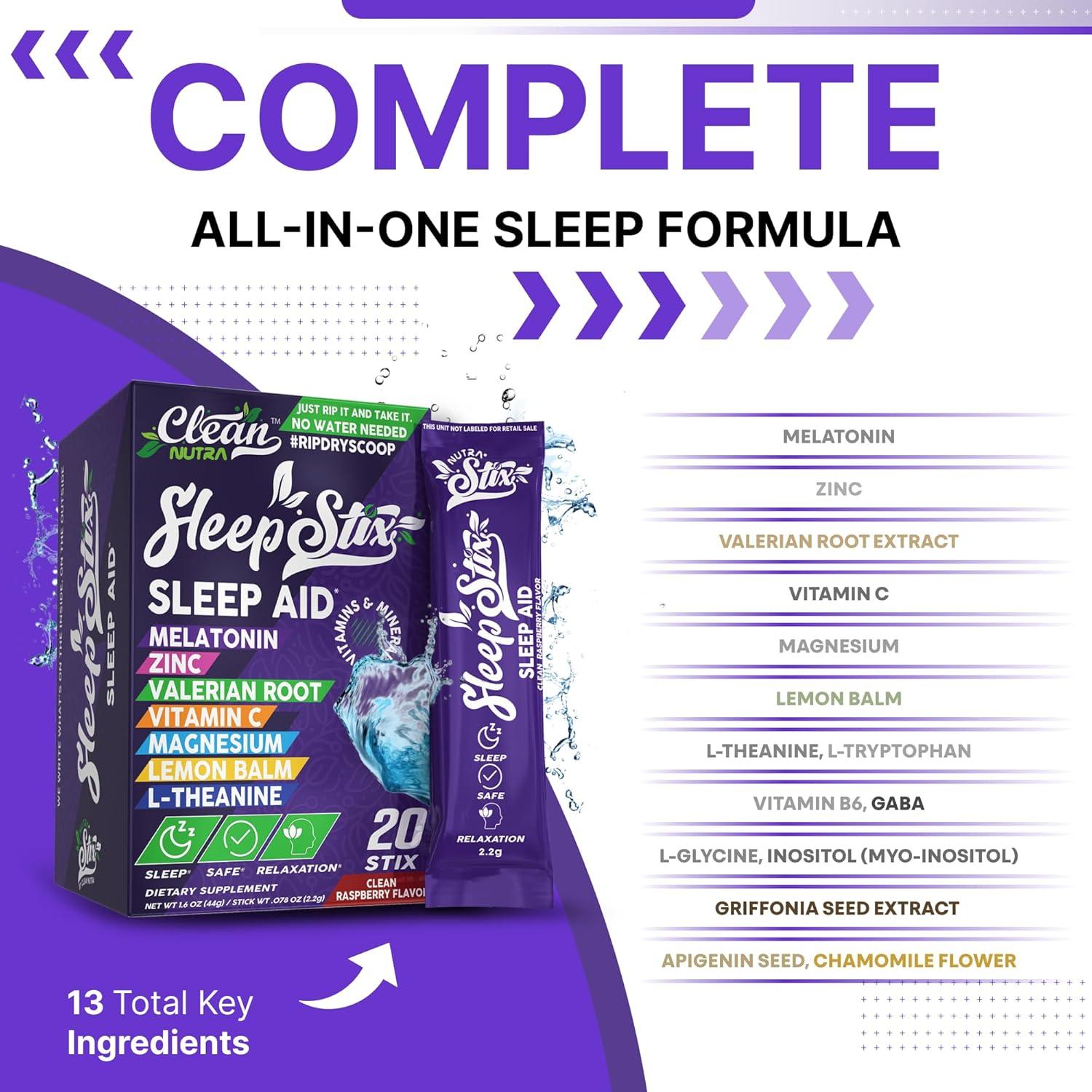 image:imageSleep Aid Melatonin Powder Tryptophan Glycine Valerian Root Magnesium For Sleep Lemon Balm L Theanine Magnesium Glycinate Zinc Sleep Aid Myo Inositol GABACalm B6 5 HTP Stress Relief 20 Stix1