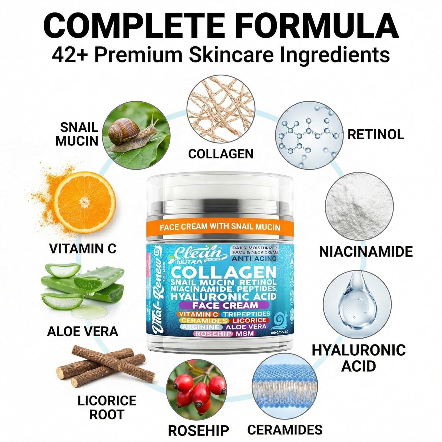 image:imageSnail Mucin Collagen Face Cream Anti Aging Moisturizer with Retinol Niacinamide Hyaluronic Acid Peptides Vitamin C Ceramides Korean Skincare Anti Aging Daily Face and Neck Cream 352 oz 100g