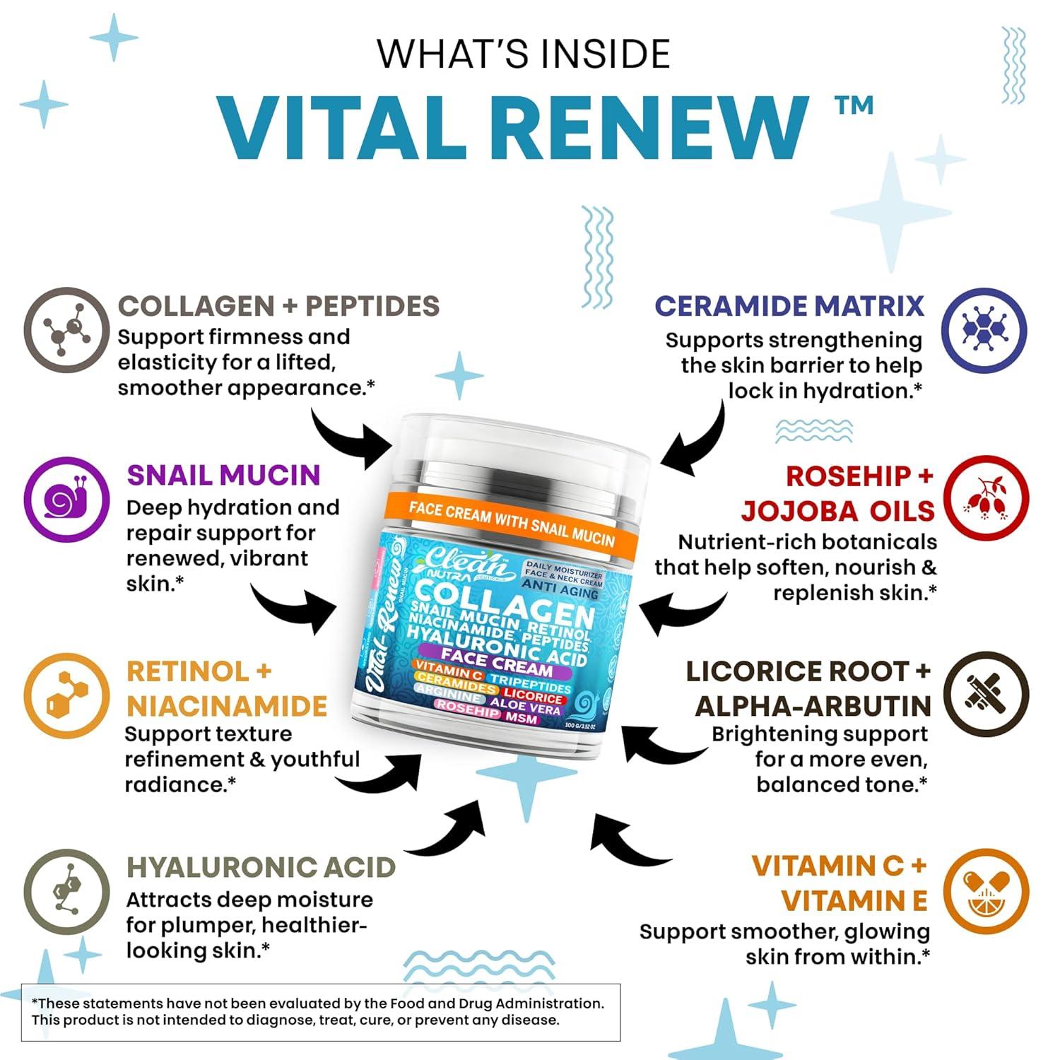 image:imageSnail Mucin Collagen Face Cream Anti Aging Moisturizer with Retinol Niacinamide Hyaluronic Acid Peptides Vitamin C Ceramides Korean Skincare Anti Aging Daily Face and Neck Cream 352 oz 100g