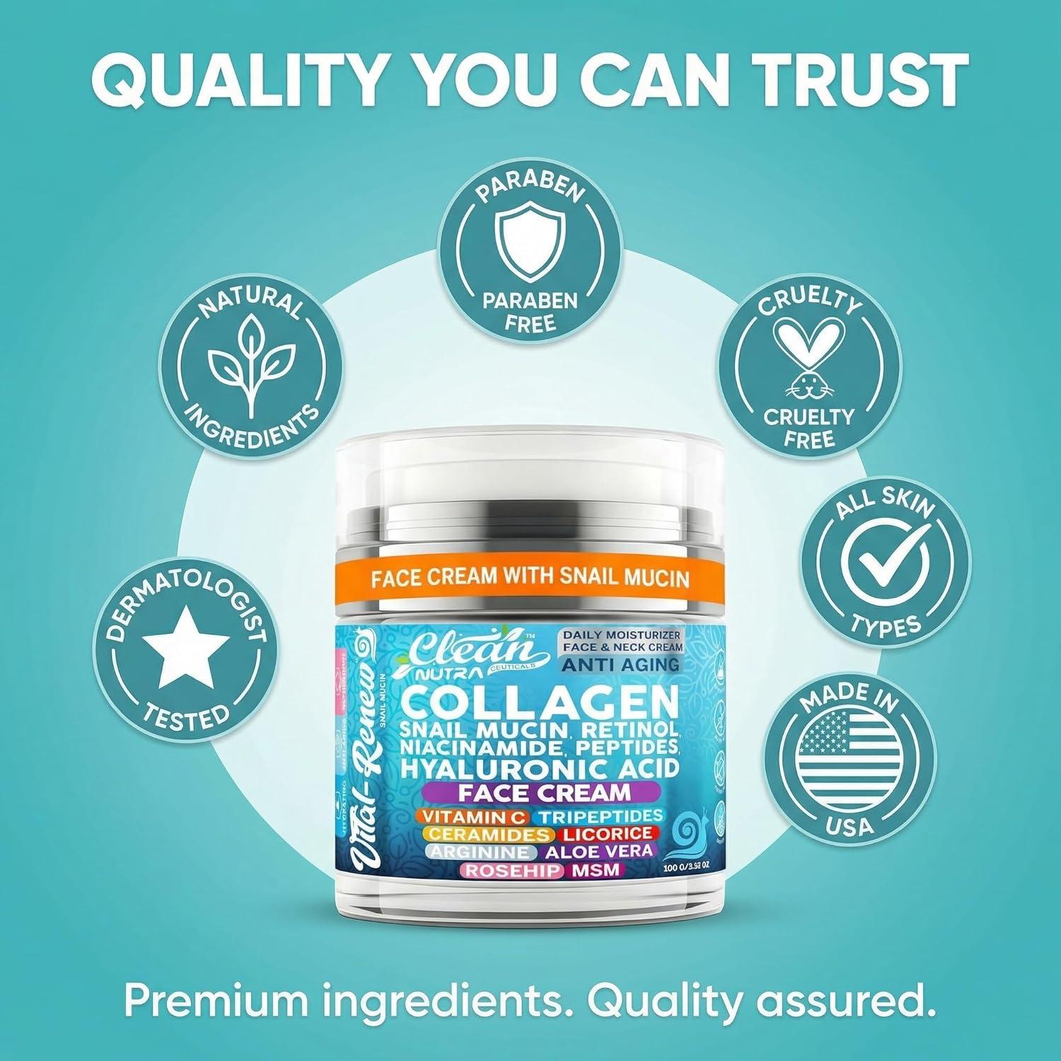 image:imageSnail Mucin Collagen Face Cream Anti Aging Moisturizer with Retinol Niacinamide Hyaluronic Acid Peptides Vitamin C Ceramides Korean Skincare Anti Aging Daily Face and Neck Cream 352 oz 100g