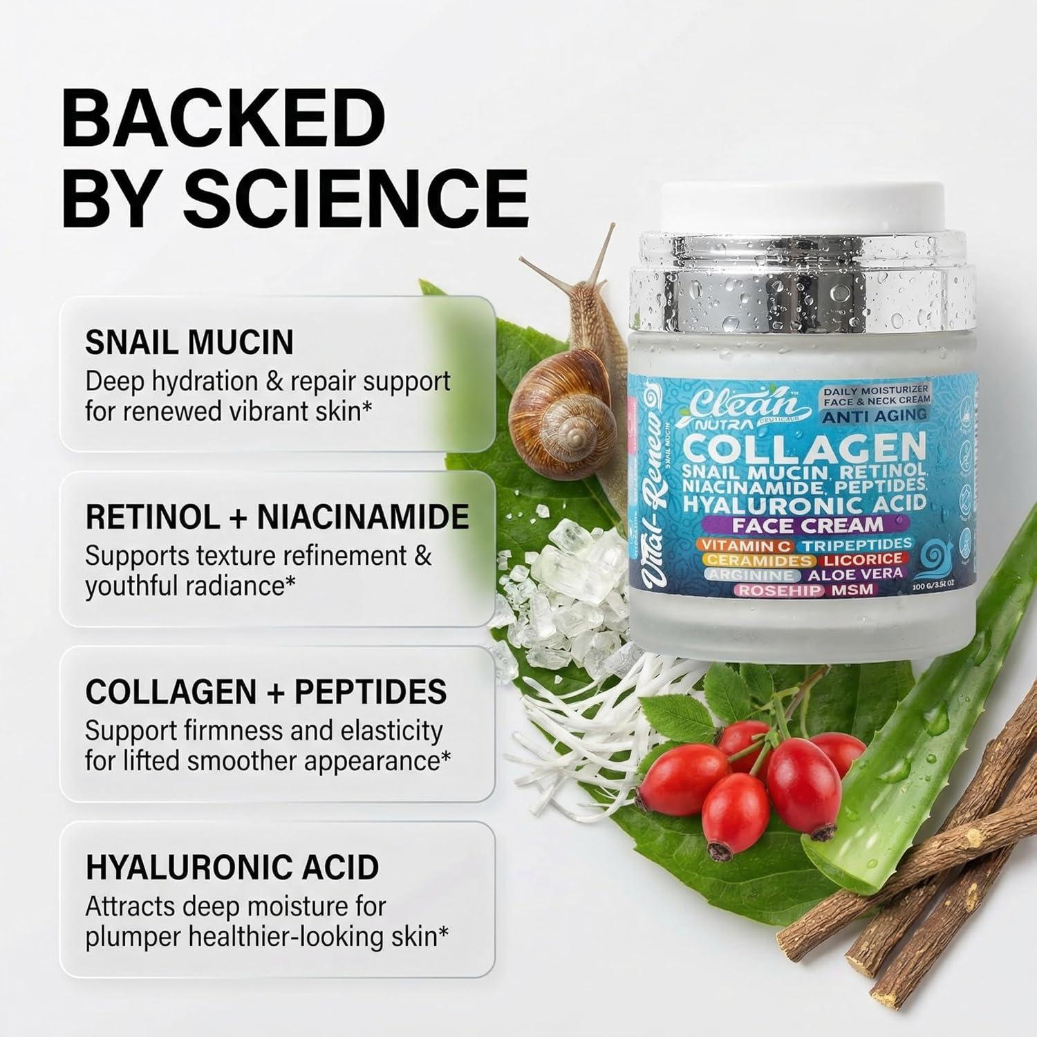 image:imageSnail Mucin Collagen Face Cream Anti Aging Moisturizer with Retinol Niacinamide Hyaluronic Acid Peptides Vitamin C Ceramides Korean Skincare Anti Aging Daily Face and Neck Cream 352 oz 100g