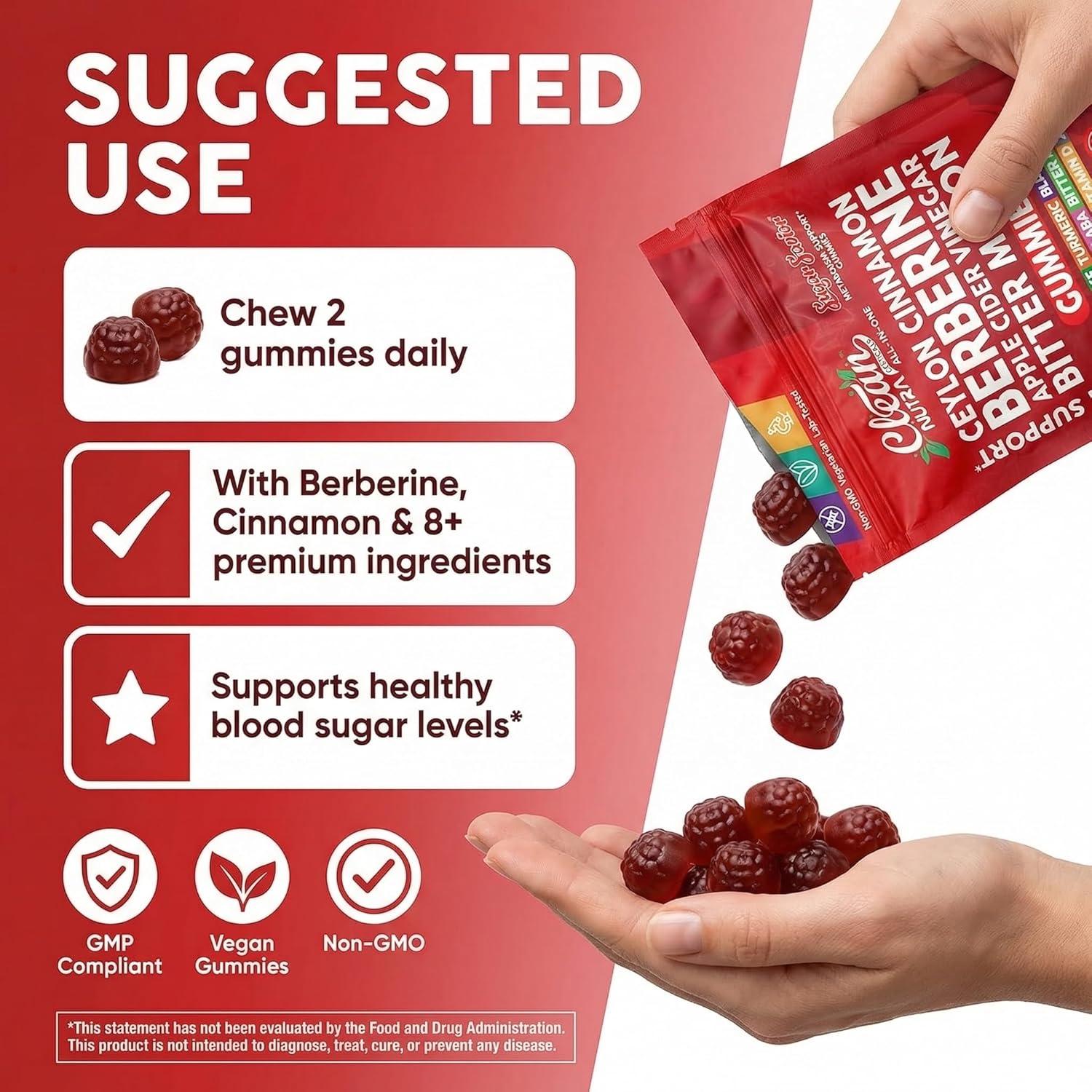 image:imageSugar Savior Ceylon Cinnamon Berberine Gummies Apple Cider Vinegar Artichoke Turmeric Blueberry Ginseng Banaba Bitter Melon Black Pepper Vitamin D Zinc GLP1 Gummies 60 Count by Clean Nutra