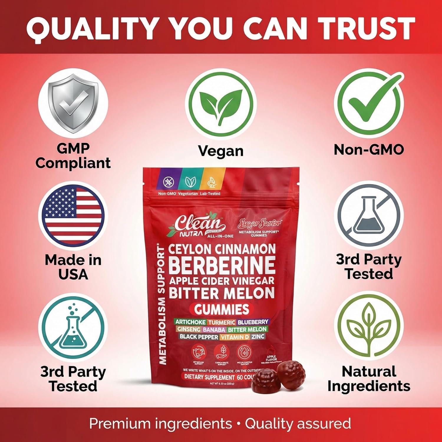 image:imageSugar Savior Ceylon Cinnamon Berberine Gummies Apple Cider Vinegar Artichoke Turmeric Blueberry Ginseng Banaba Bitter Melon Black Pepper Vitamin D Zinc GLP1 Gummies 60 Count by Clean Nutra