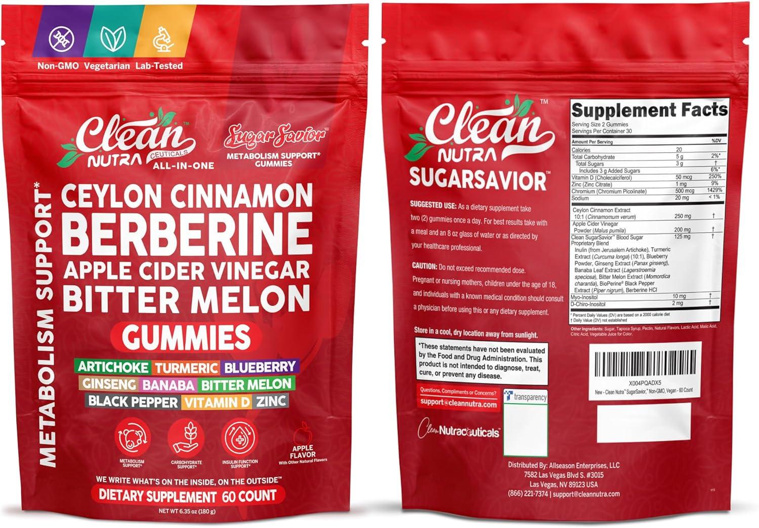 image:imageSugar Savior Ceylon Cinnamon Berberine Gummies Apple Cider Vinegar Artichoke Turmeric Blueberry Ginseng Banaba Bitter Melon Black Pepper Vitamin D Zinc GLP1 Gummies 60 Count by Clean Nutra
