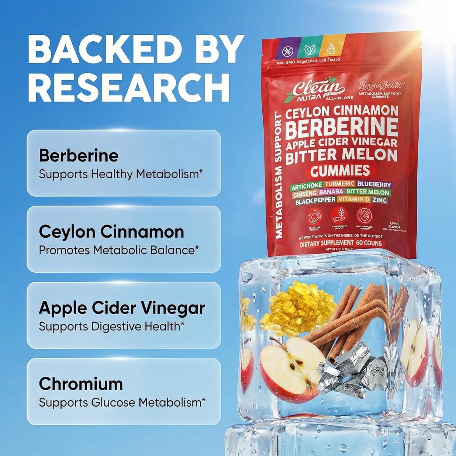 image:imageSugar Savior Ceylon Cinnamon Berberine Gummies Apple Cider Vinegar Artichoke Turmeric Blueberry Ginseng Banaba Bitter Melon Black Pepper Vitamin D Zinc GLP1 Gummies 60 Count by Clean Nutra