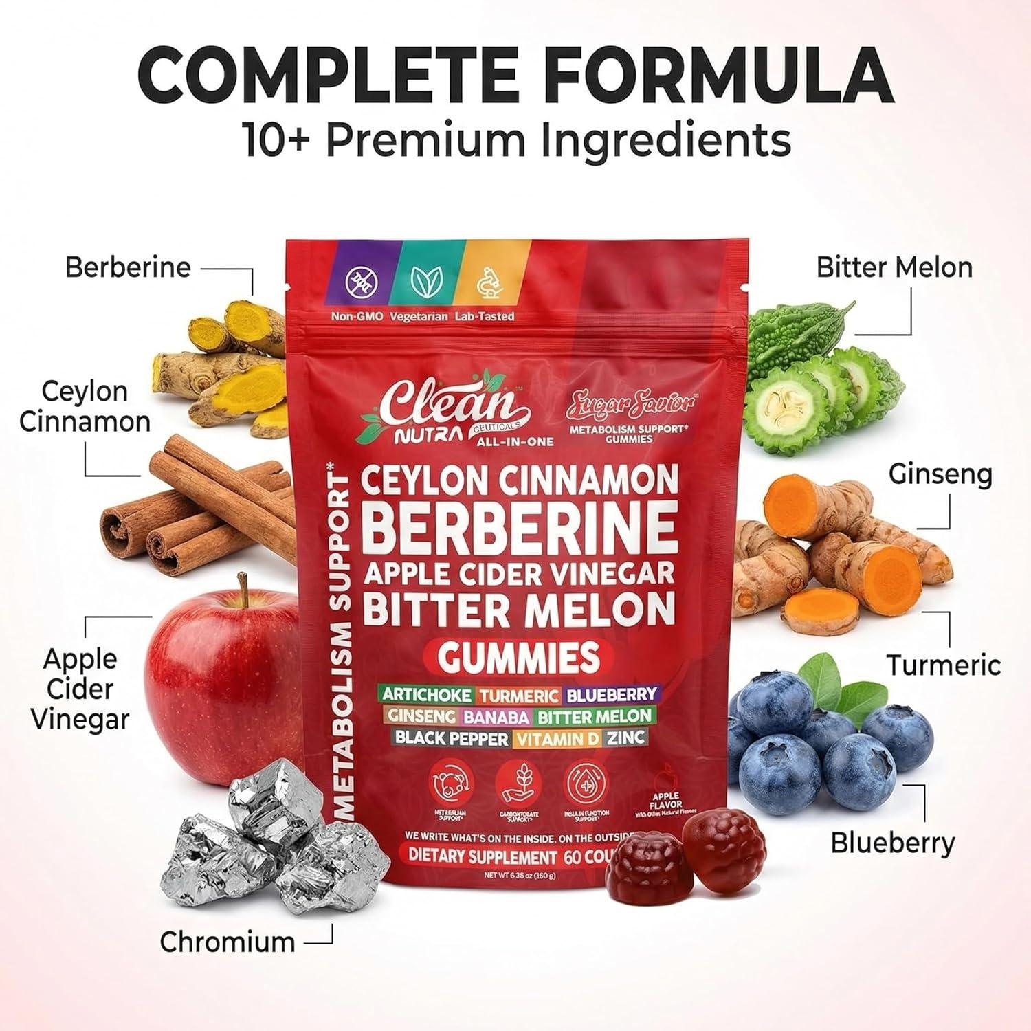 image:imageSugar Savior Ceylon Cinnamon Berberine Gummies Apple Cider Vinegar Artichoke Turmeric Blueberry Ginseng Banaba Bitter Melon Black Pepper Vitamin D Zinc GLP1 Gummies 60 Count by Clean Nutra