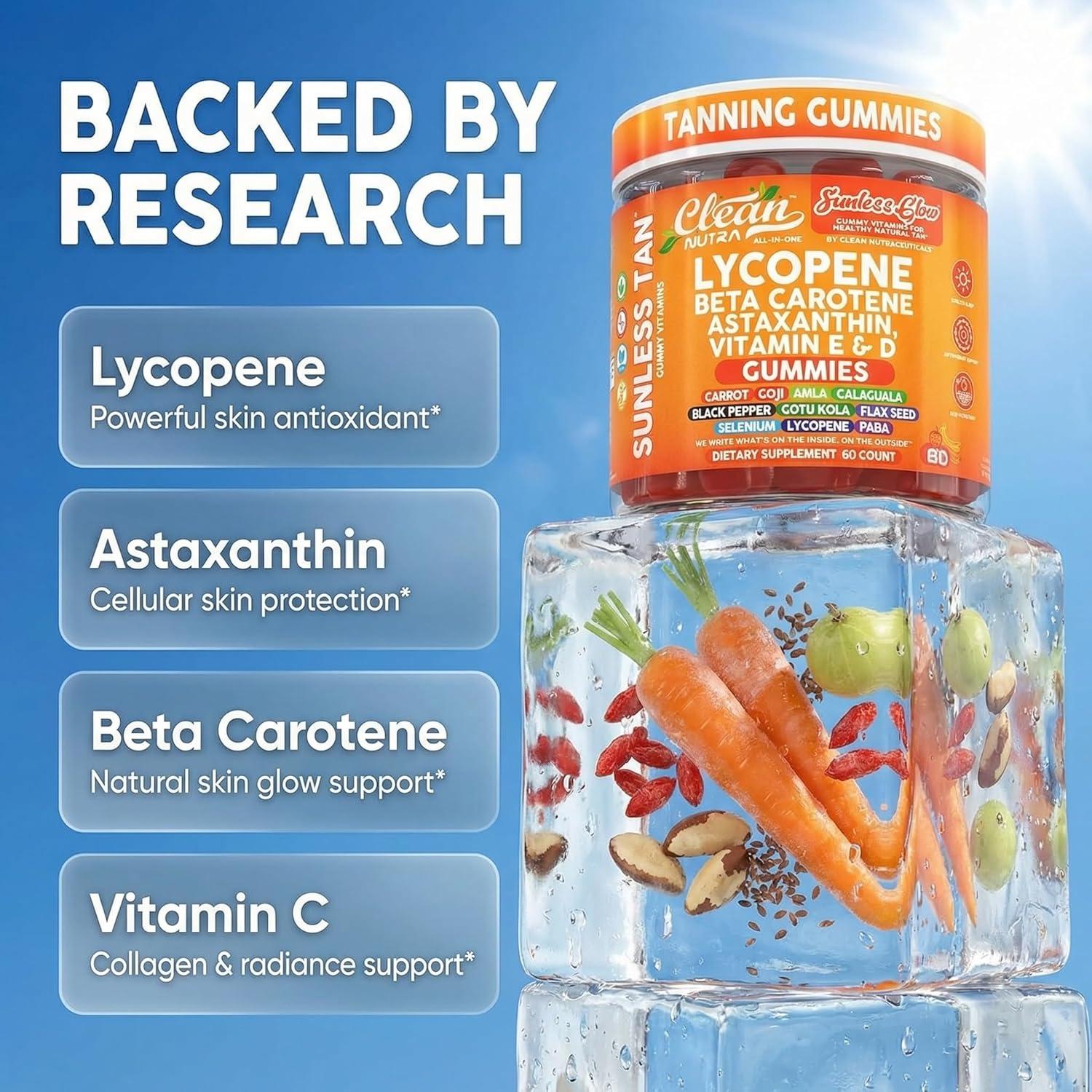 image:imageSunless Glow Lycopene Beta Carotene Tanning Gummies Astaxanthin Vitamin C D E Flax Seed Selenium Amla l Tyrosine PABA Black Pepper 60 Count Strawberry Banana Flavor By Clean Nutra