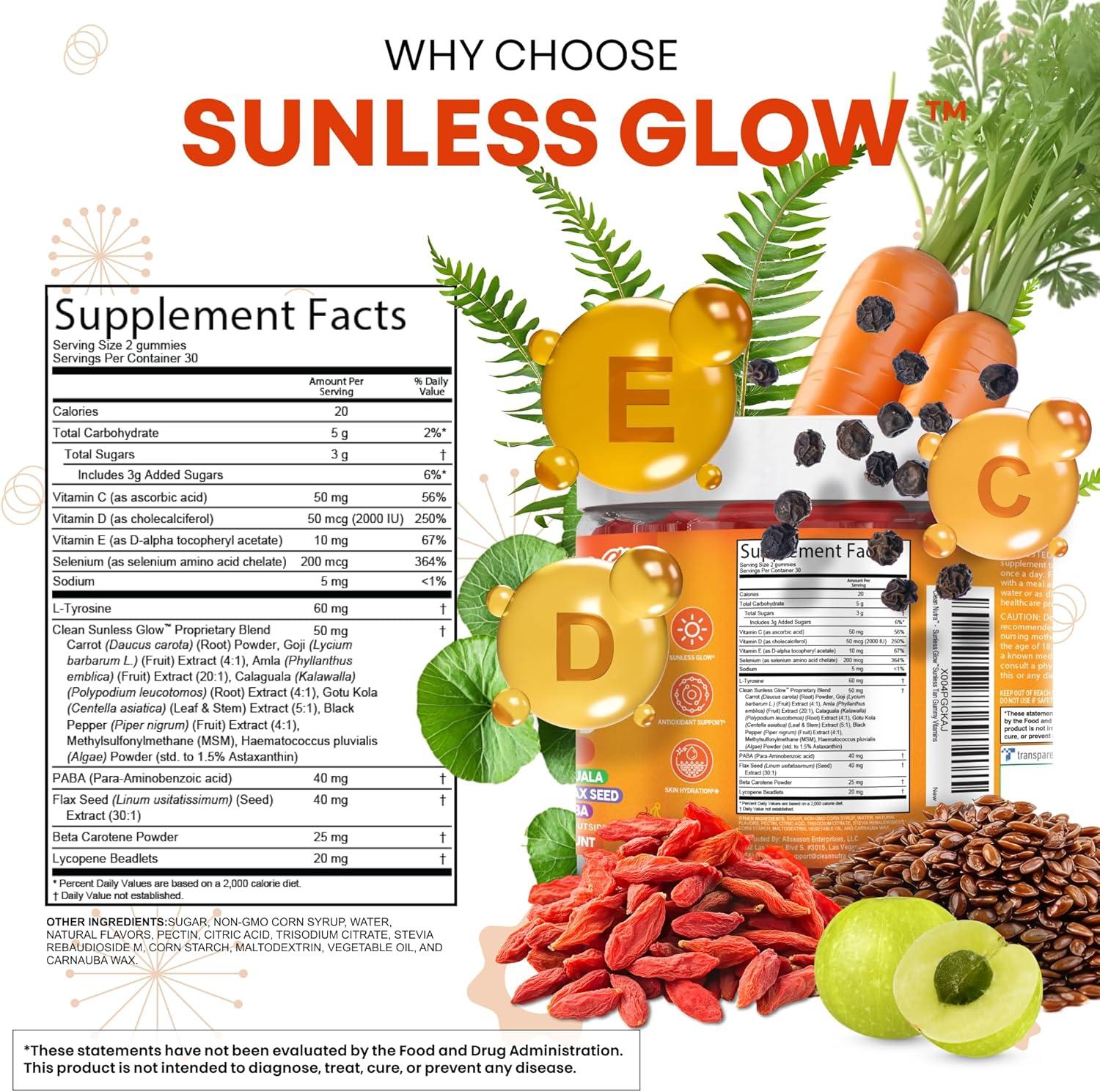 image:imageSunless Glow Lycopene Beta Carotene Tanning Gummies Astaxanthin Vitamin C D E Flax Seed Selenium Amla l Tyrosine PABA Black Pepper 60 Count Strawberry Banana Flavor By Clean Nutra