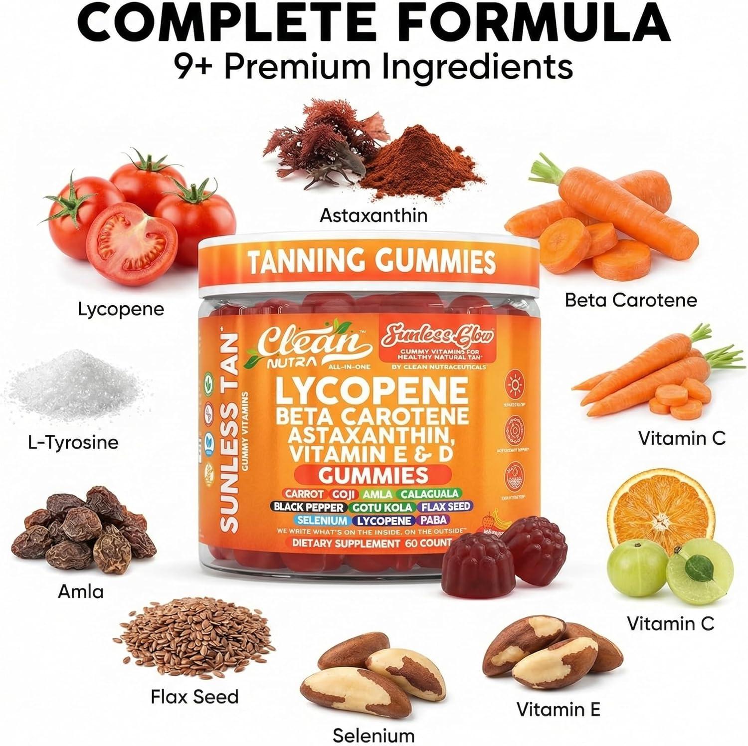 image:imageSunless Glow Lycopene Beta Carotene Tanning Gummies Astaxanthin Vitamin C D E Flax Seed Selenium Amla l Tyrosine PABA Black Pepper 60 Count Strawberry Banana Flavor By Clean Nutra