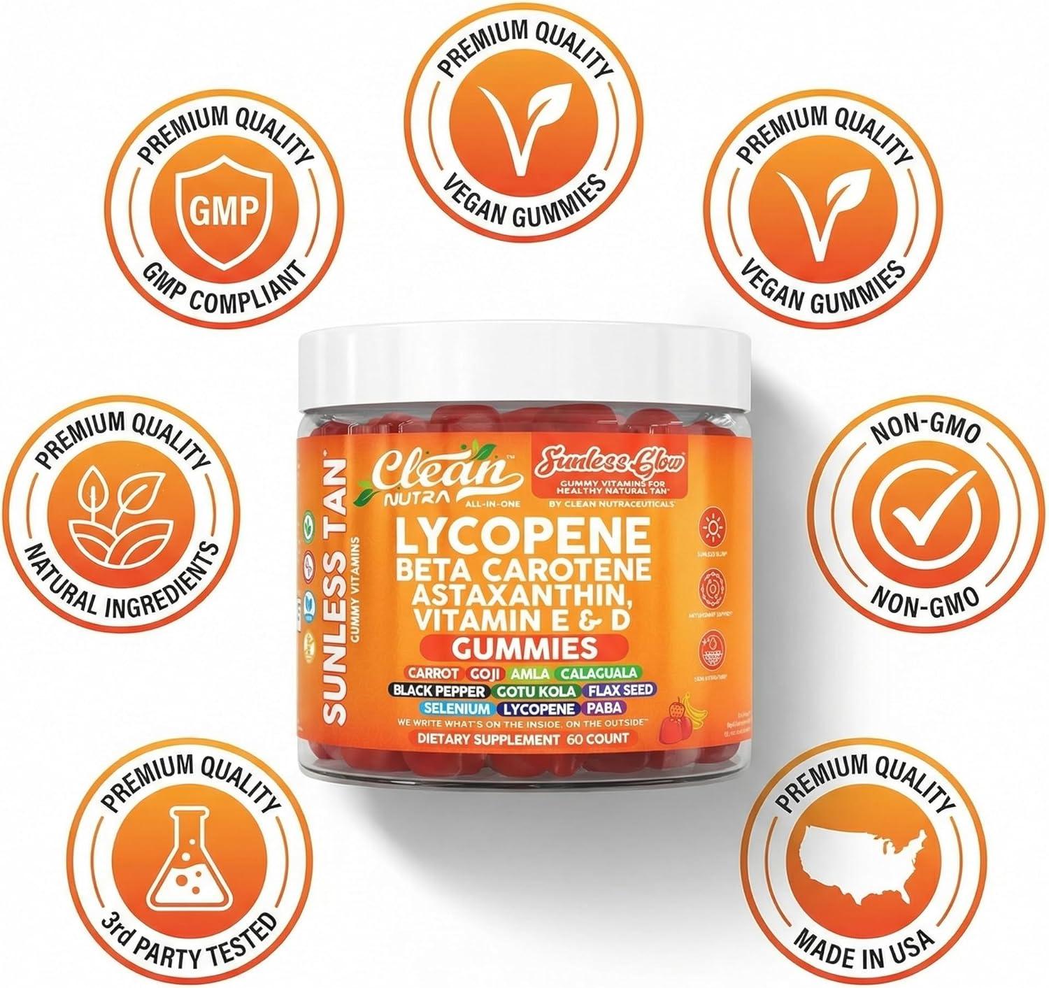 image:imageSunless Glow Lycopene Beta Carotene Tanning Gummies Astaxanthin Vitamin C D E Flax Seed Selenium Amla l Tyrosine PABA Black Pepper 60 Count Strawberry Banana Flavor By Clean Nutra