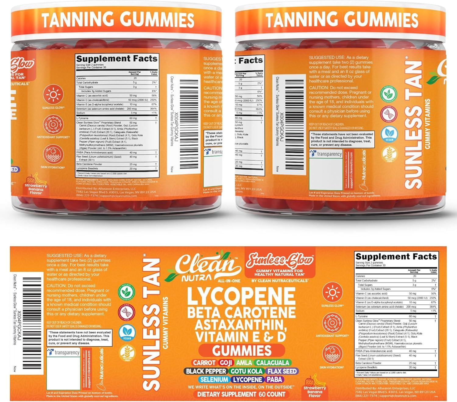 image:imageSunless Glow Lycopene Beta Carotene Tanning Gummies Astaxanthin Vitamin C D E Flax Seed Selenium Amla l Tyrosine PABA Black Pepper 60 Count Strawberry Banana Flavor By Clean Nutra