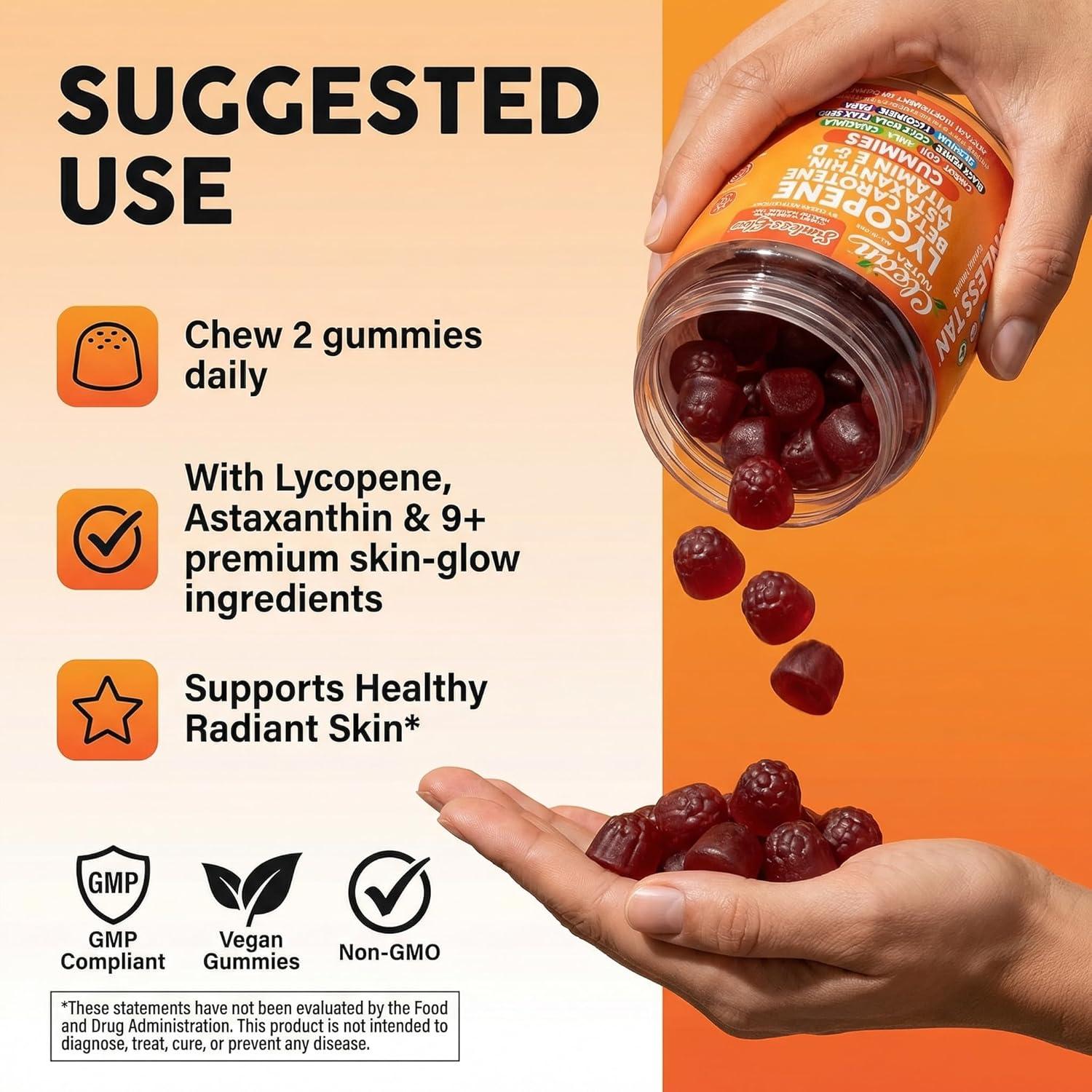 image:imageSunless Glow Lycopene Beta Carotene Tanning Gummies Astaxanthin Vitamin C D E Flax Seed Selenium Amla l Tyrosine PABA Black Pepper 60 Count Strawberry Banana Flavor By Clean Nutra