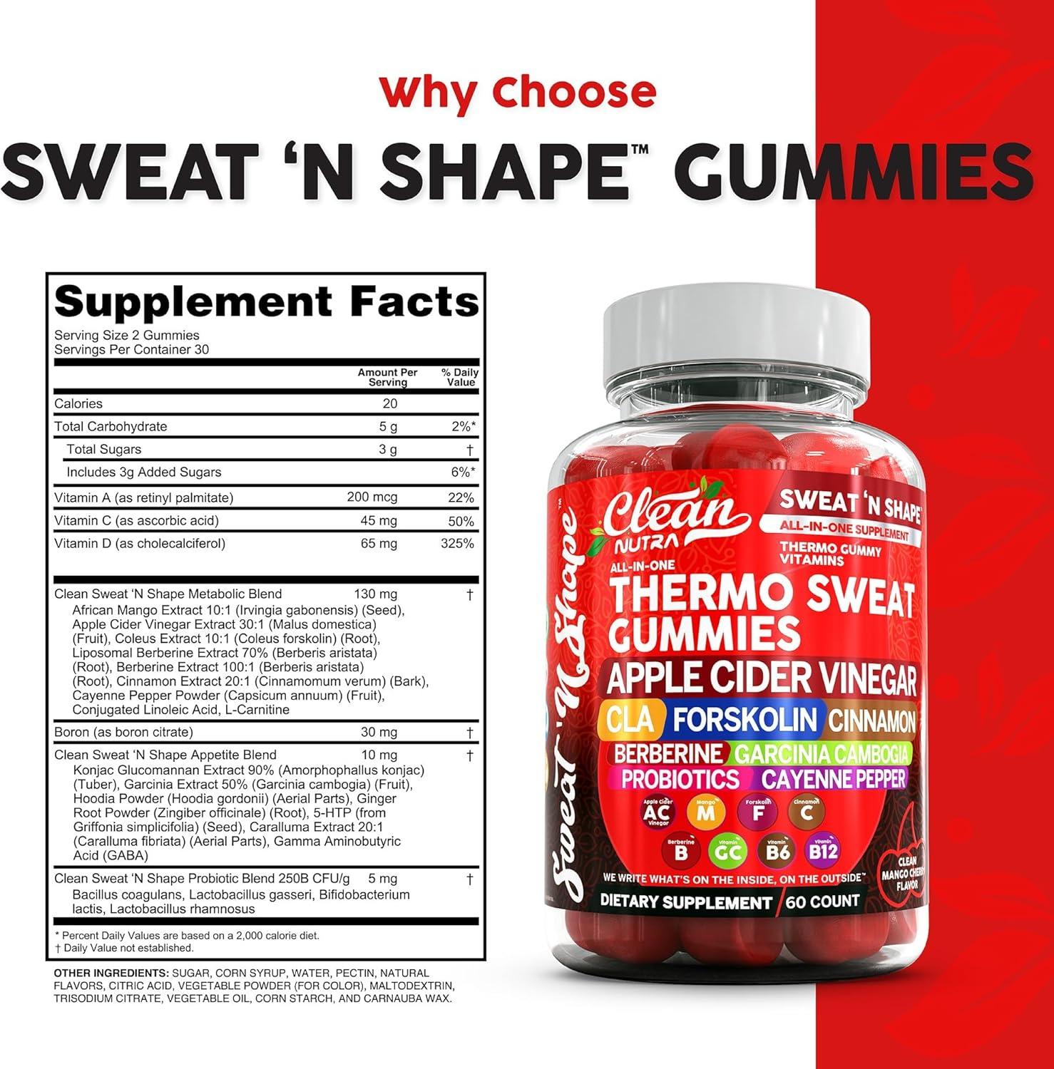 image:imageSweat N Shape Gummies Apple Cider Vinegar CLA Forskolin Cinnamon Berberine Garcinia Cambogia Probiotics Cayenne Pepper Vitamin B12 Vitamin A Vitamin C Vitamin D Vitamin B6 Boron By Clean Nutra 5