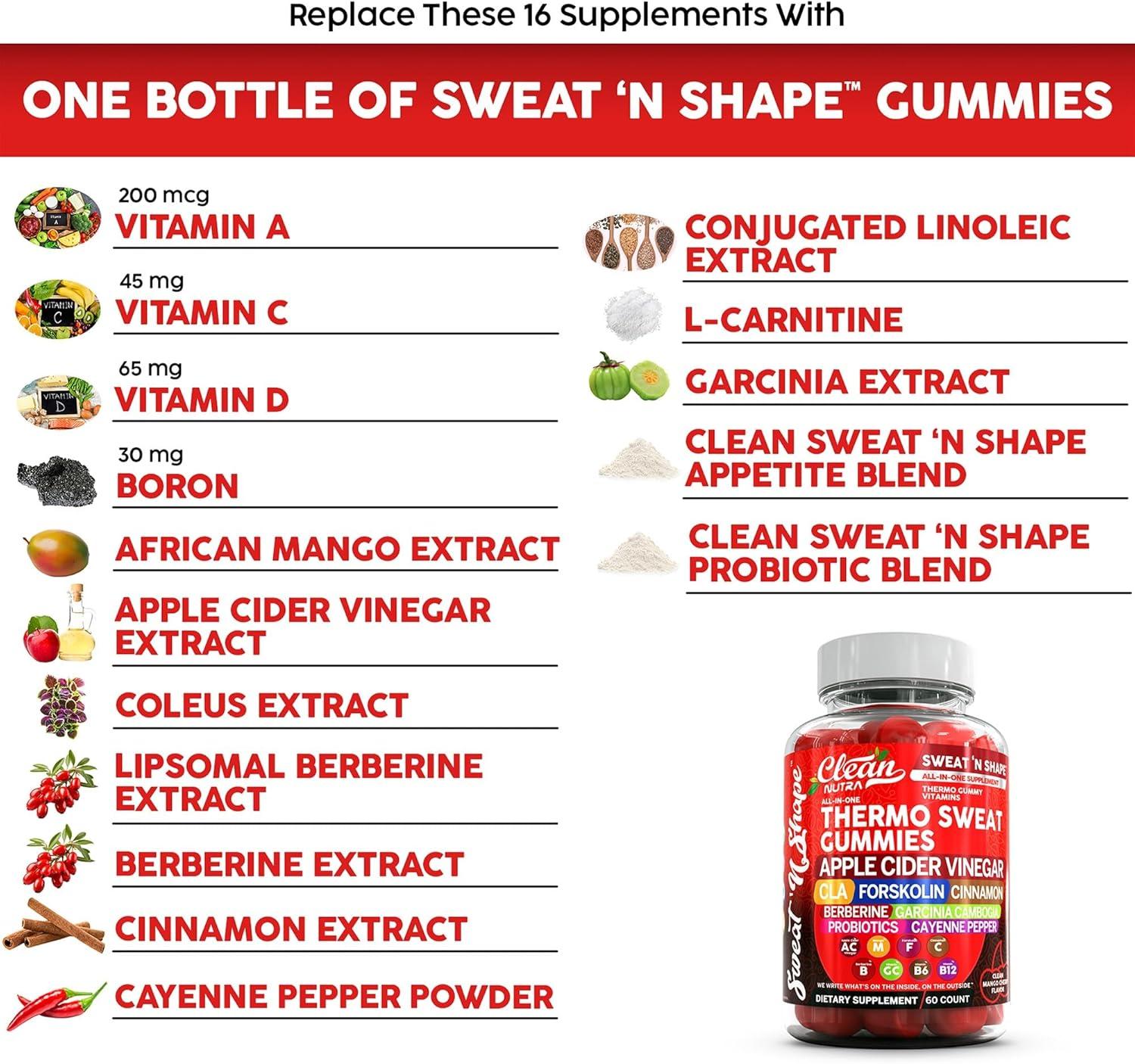 image:imageSweat N Shape Gummies Apple Cider Vinegar CLA Forskolin Cinnamon Berberine Garcinia Cambogia Probiotics Cayenne Pepper Vitamin B12 Vitamin A Vitamin C Vitamin D Vitamin B6 Boron By Clean Nutra 5