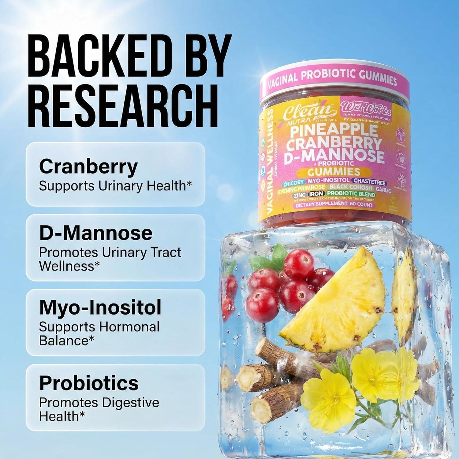 image:imageWet Works Womens Vaginal Probiotic Gummies Pineapple Cranberry Folic Acid DMannose Vitamin C Chicory Myo Inositol Garlic Black Cohosh Zinc Iron Evening Primrose Chastetree 60 Count by Clean Nutra
