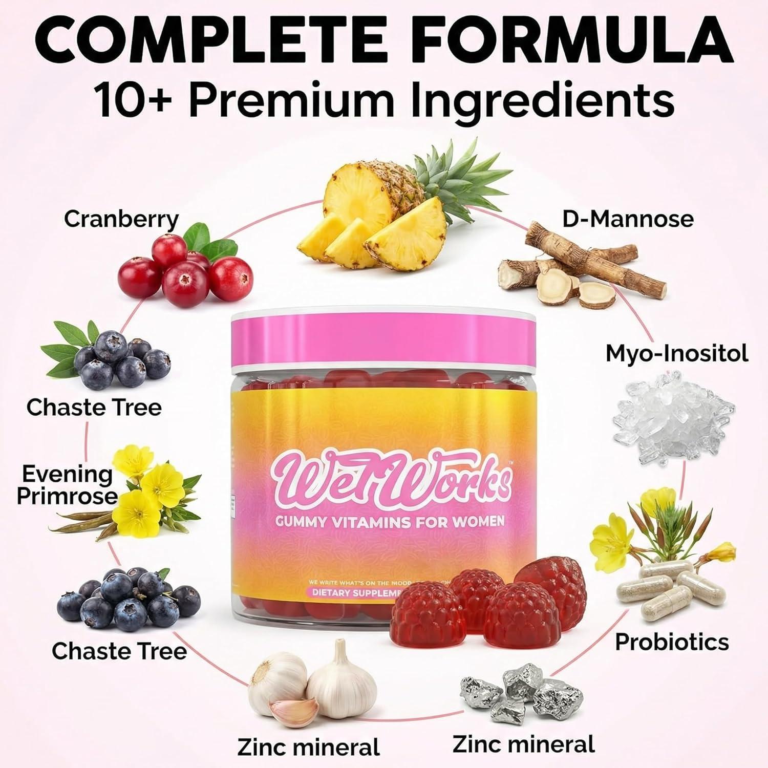image:imageWet Works Womens Vaginal Probiotic Gummies Pineapple Cranberry Folic Acid DMannose Vitamin C Chicory Myo Inositol Garlic Black Cohosh Zinc Iron Evening Primrose Chastetree 60 Count by Clean Nutra