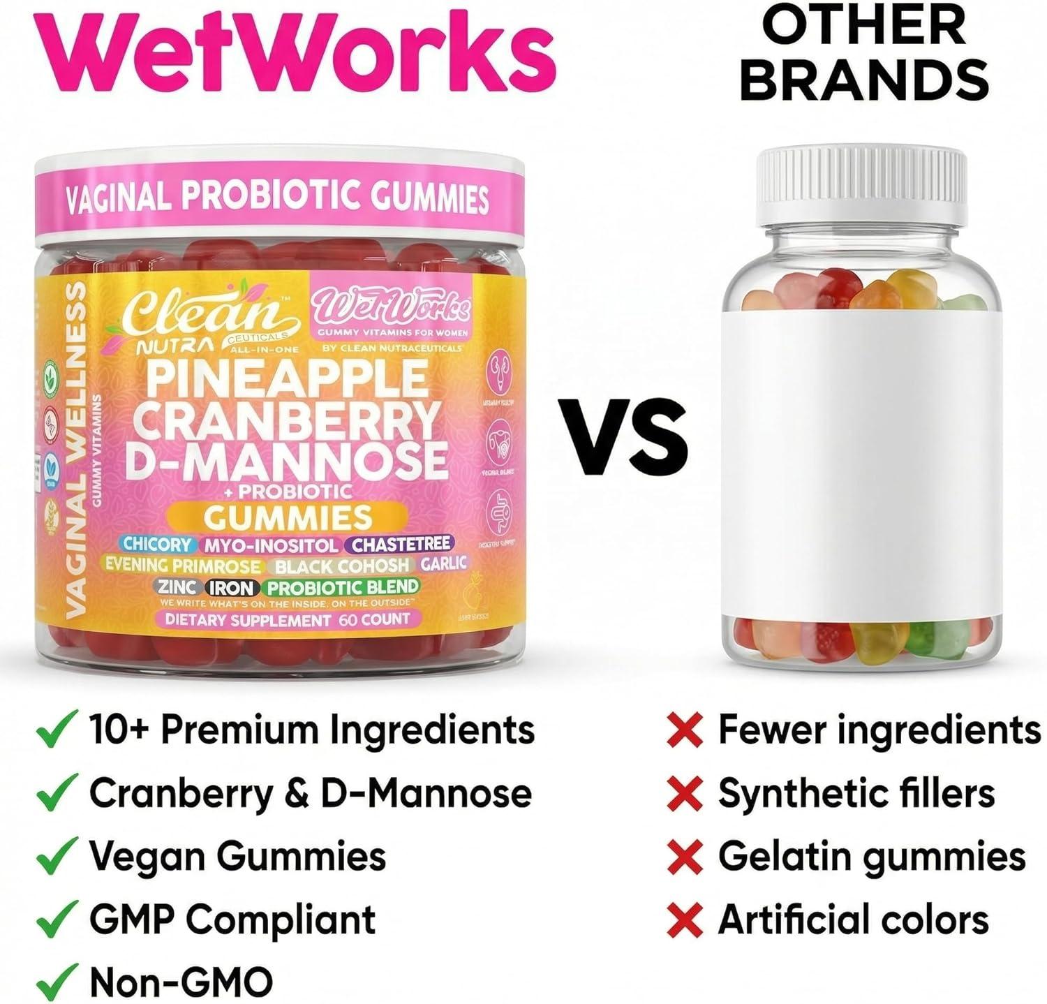 image:imageWet Works Womens Vaginal Probiotic Gummies Pineapple Cranberry Folic Acid DMannose Vitamin C Chicory Myo Inositol Garlic Black Cohosh Zinc Iron Evening Primrose Chastetree 60 Count by Clean Nutra