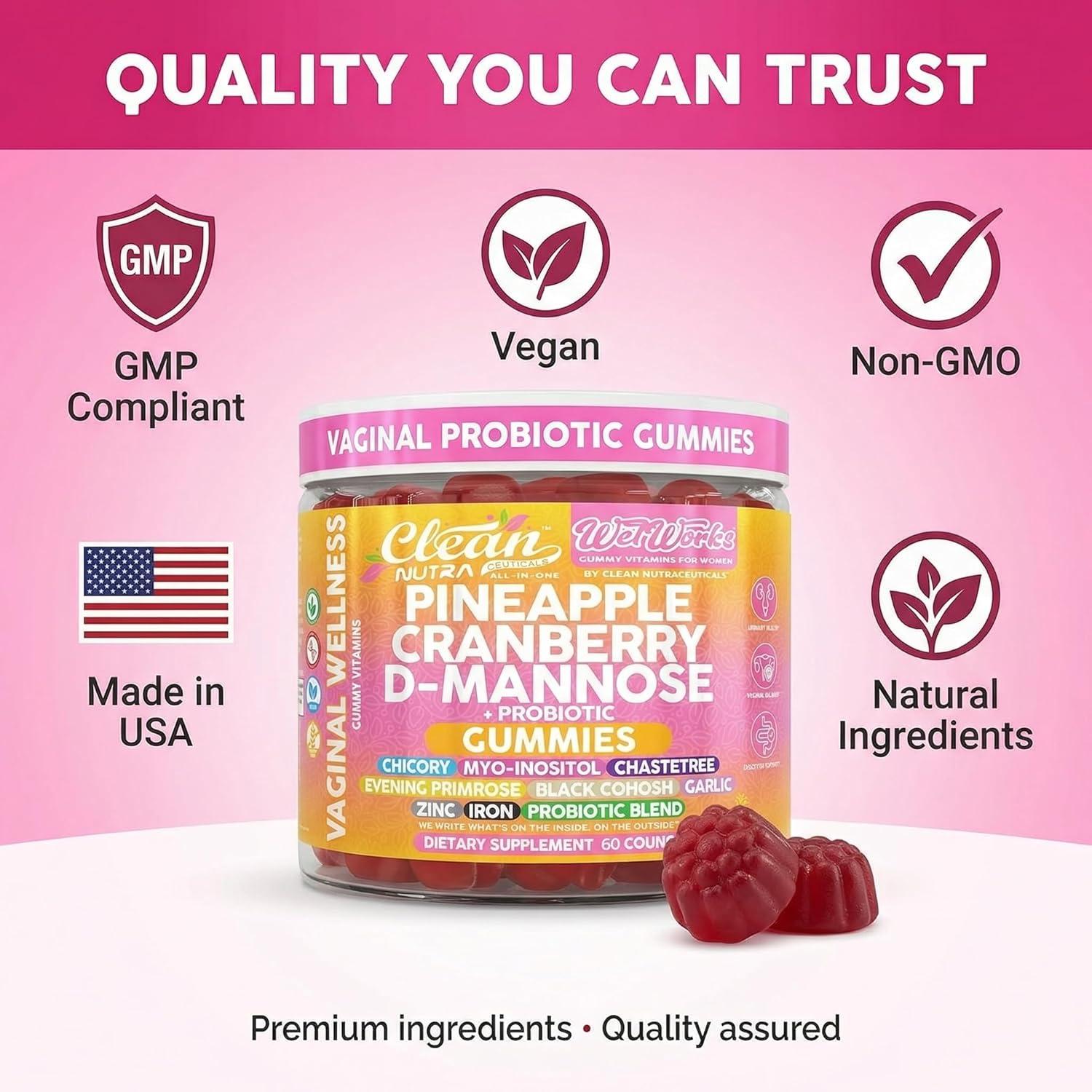 image:imageWet Works Womens Vaginal Probiotic Gummies Pineapple Cranberry Folic Acid DMannose Vitamin C Chicory Myo Inositol Garlic Black Cohosh Zinc Iron Evening Primrose Chastetree 60 Count by Clean Nutra